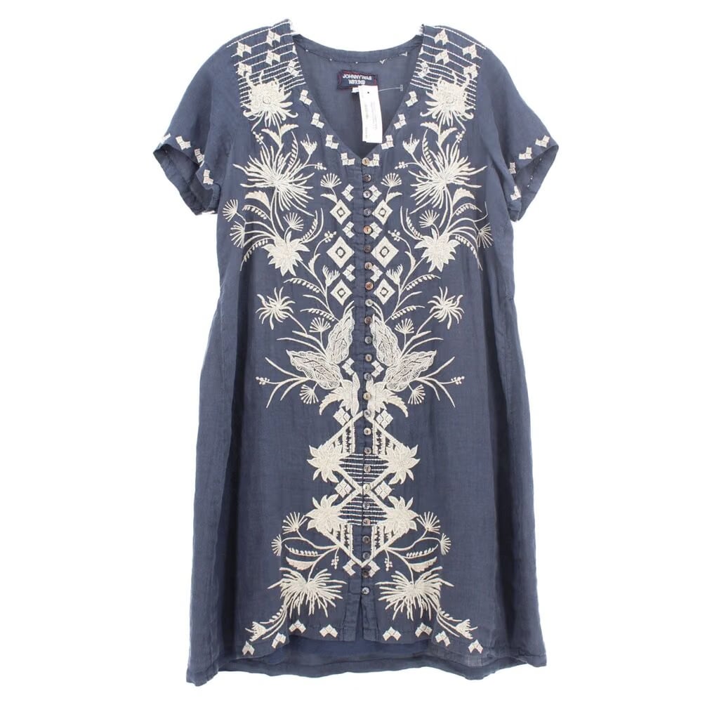 JOHNNY WAS EMBROIDERED DRESSES NAVY S