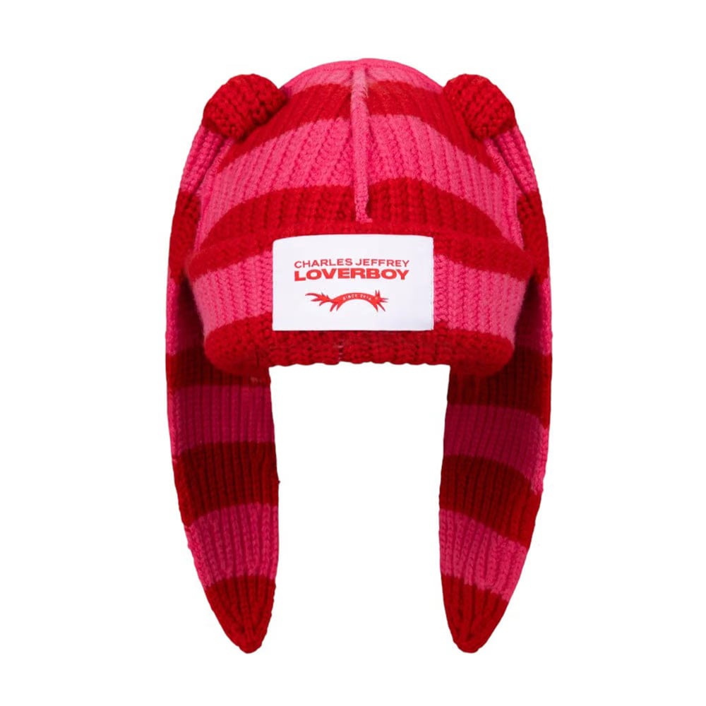 CHARLES JEFFREY LOVERBOY CHUNKY RABBIT BEANIE in RED PINK STRIPE