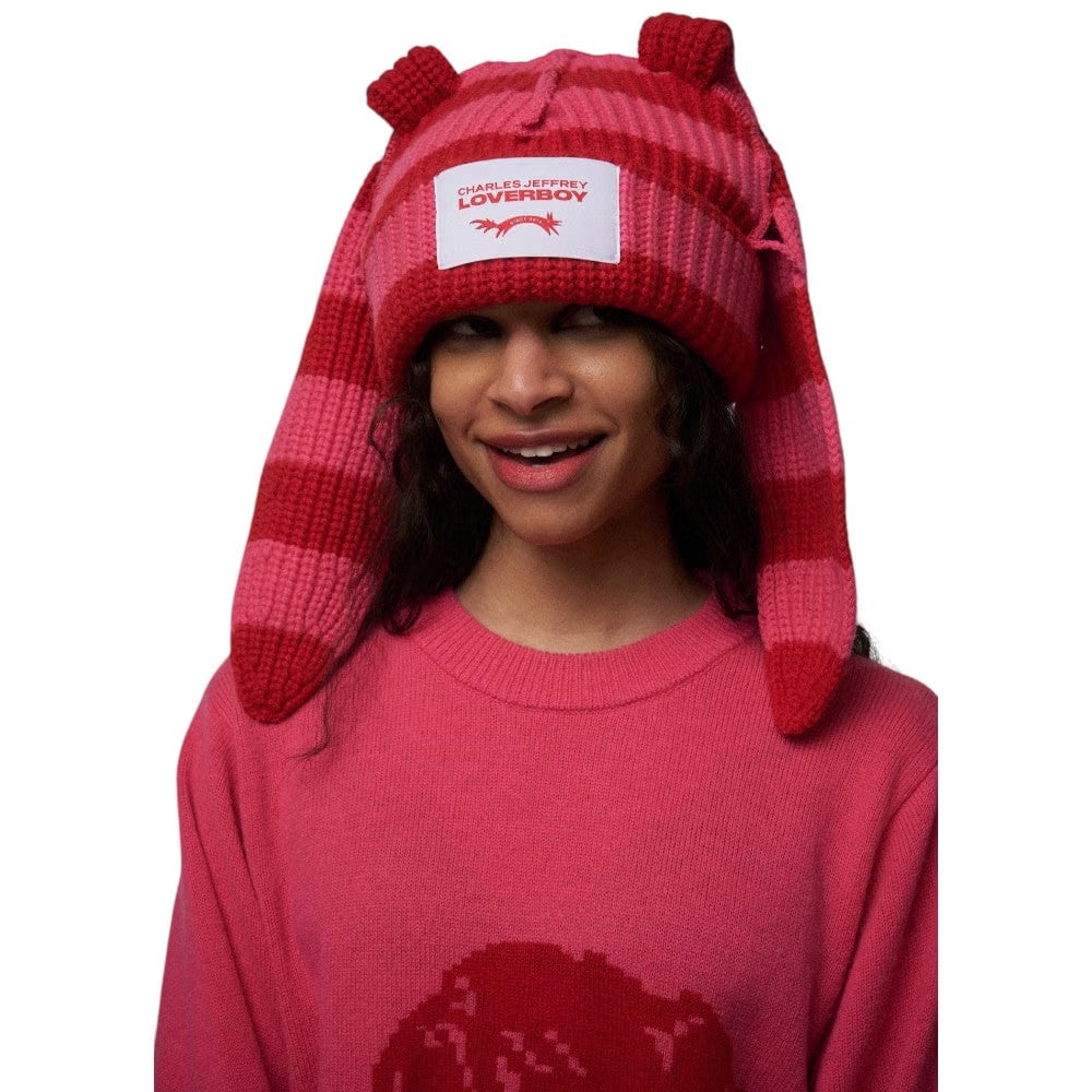 CHARLES JEFFREY LOVERBOY CHUNKY RABBIT BEANIE in RED PINK STRIPE