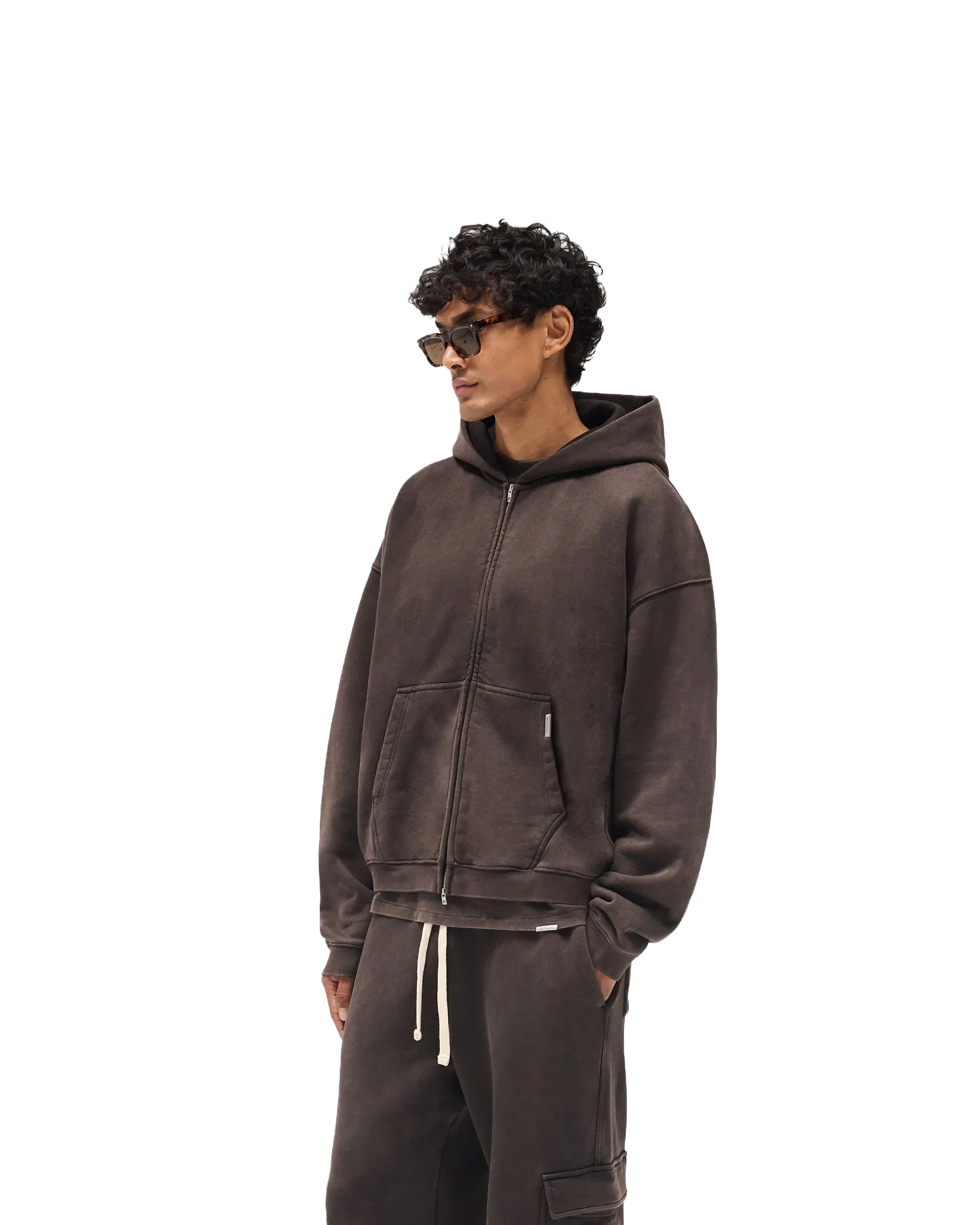Initial Boxy Zip Through Hoodie - Coffee