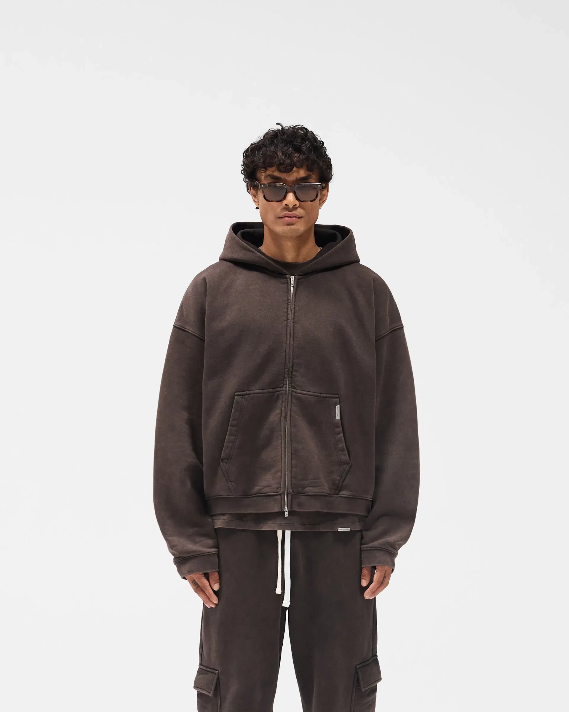 Initial Boxy Zip Through Hoodie - Coffee