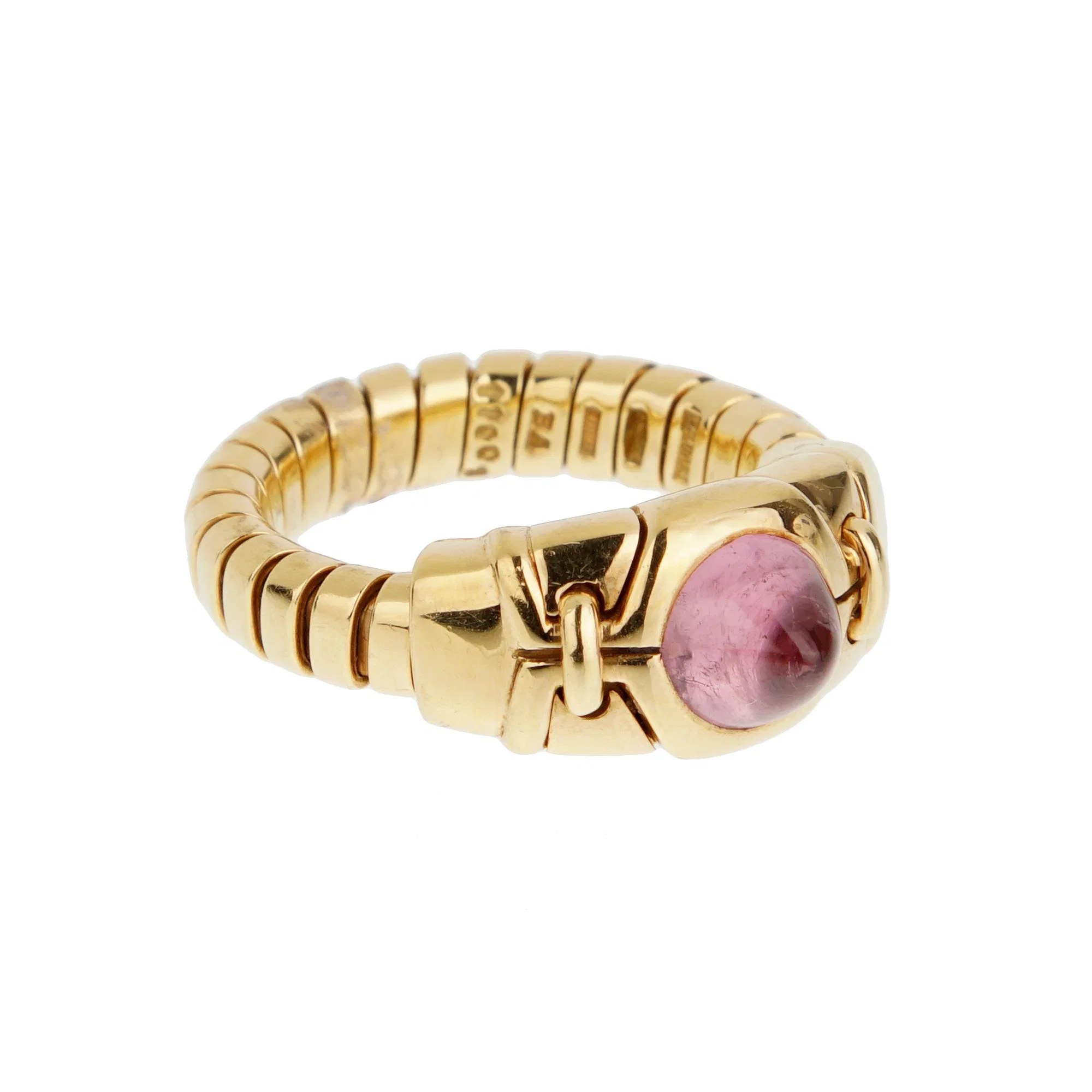 Bvlgari Tubogas Pink Tourmaline Cabochon Ring in 18k Yellow Gold, Vintage