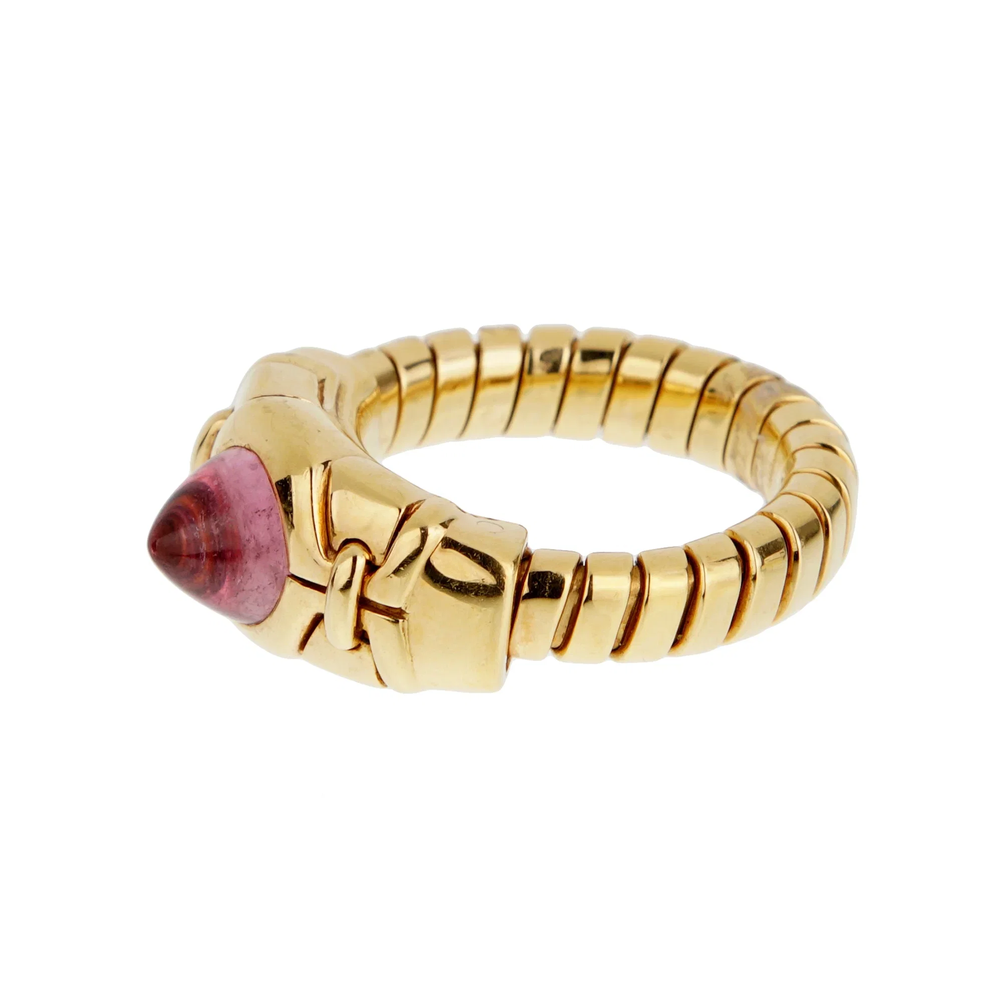 Bvlgari Tubogas Pink Tourmaline Cabochon Ring in 18k Yellow Gold, Vintage