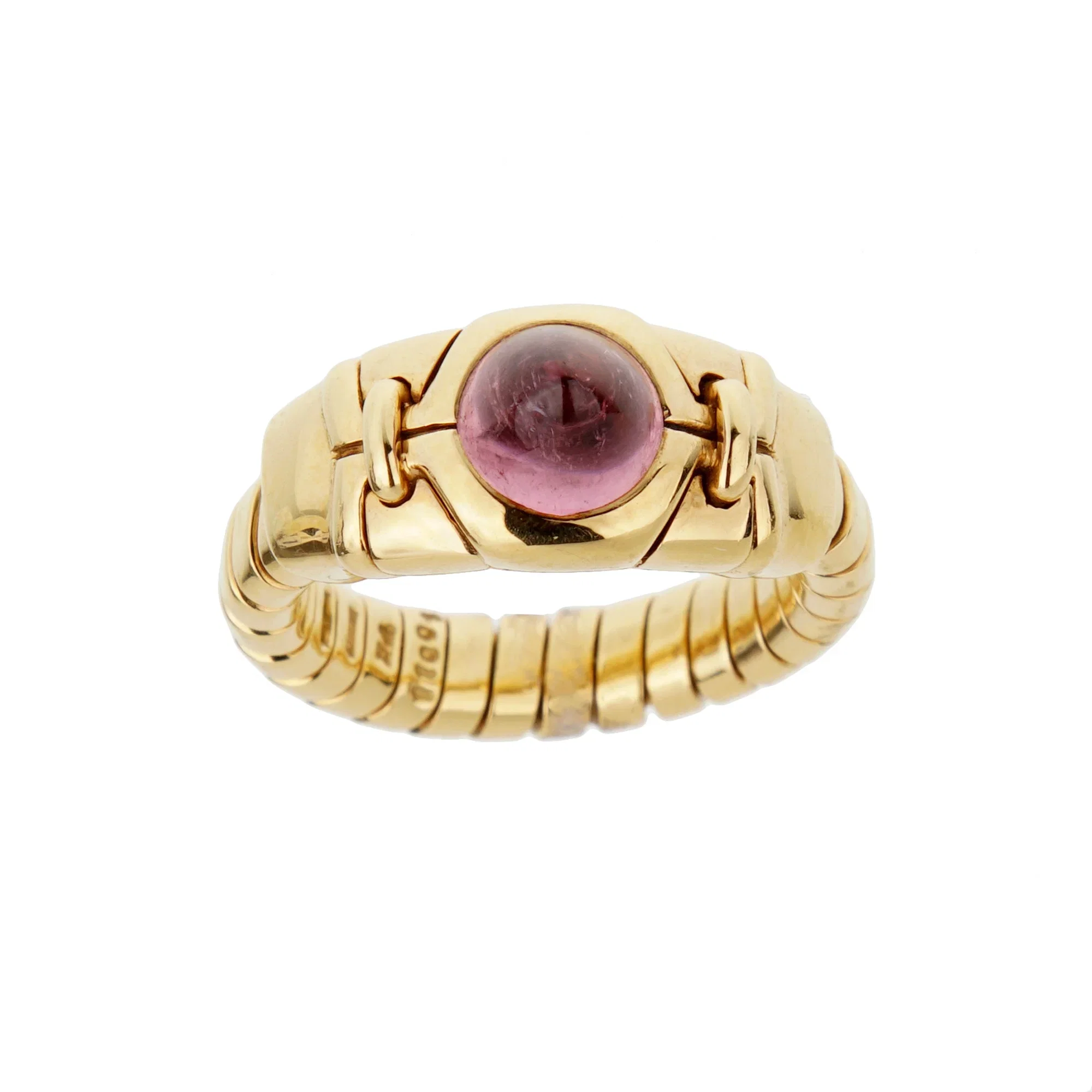 Bvlgari Tubogas Pink Tourmaline Cabochon Ring in 18k Yellow Gold, Vintage