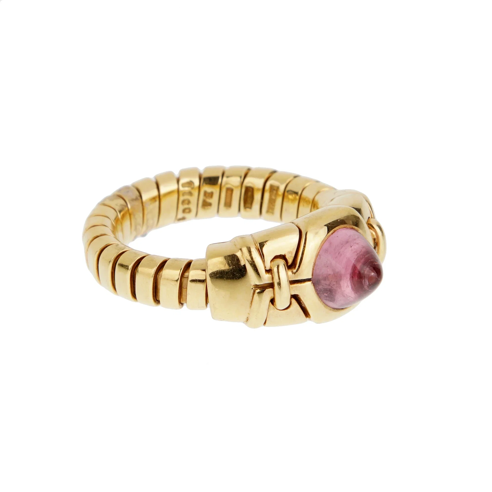 Bvlgari Tubogas Pink Tourmaline Cabochon Ring in 18k Yellow Gold, Vintage