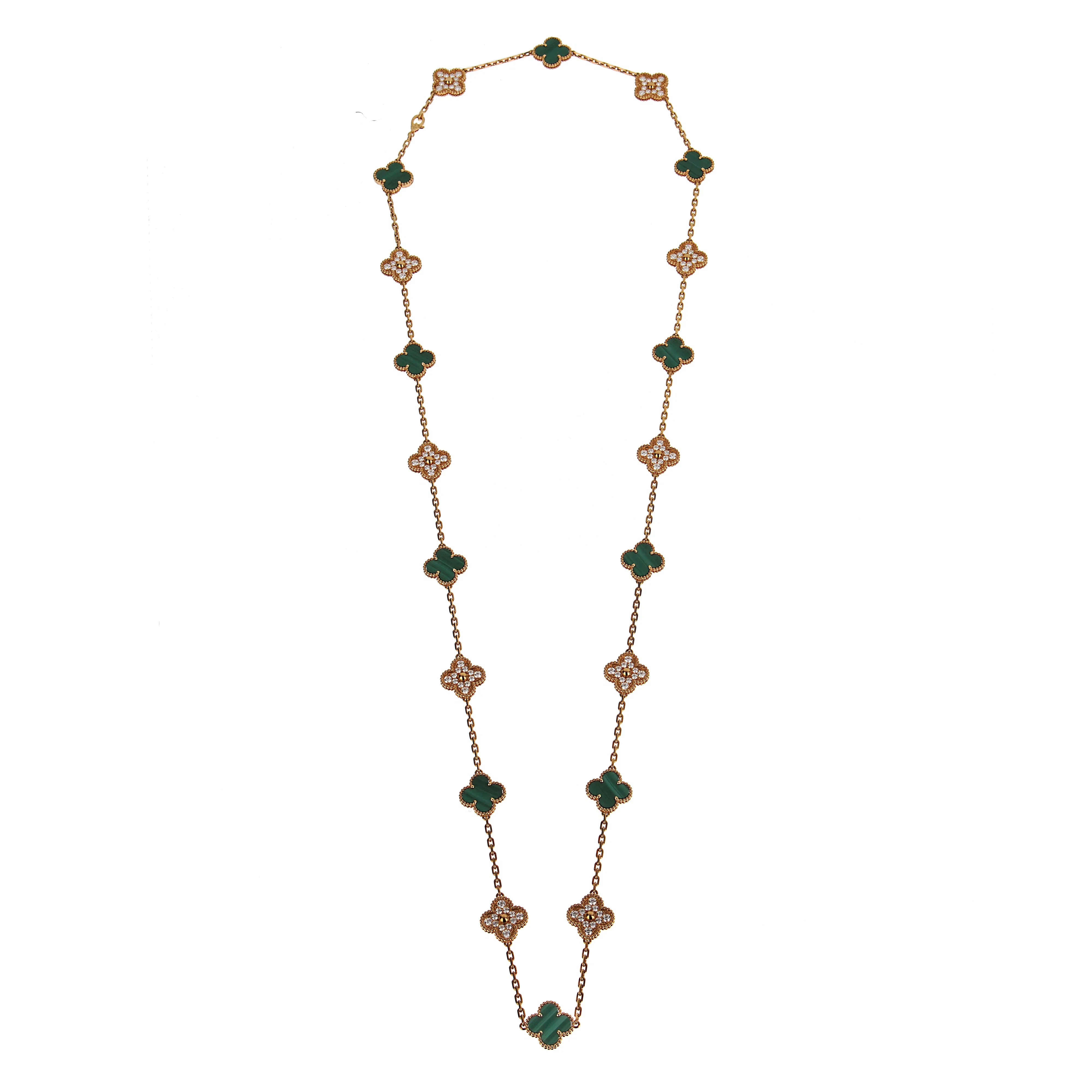Van Cleef & Arpels Van Cleef Arpels Vintage Alhambra Malachite Diamond Long Necklace 20 Motifs