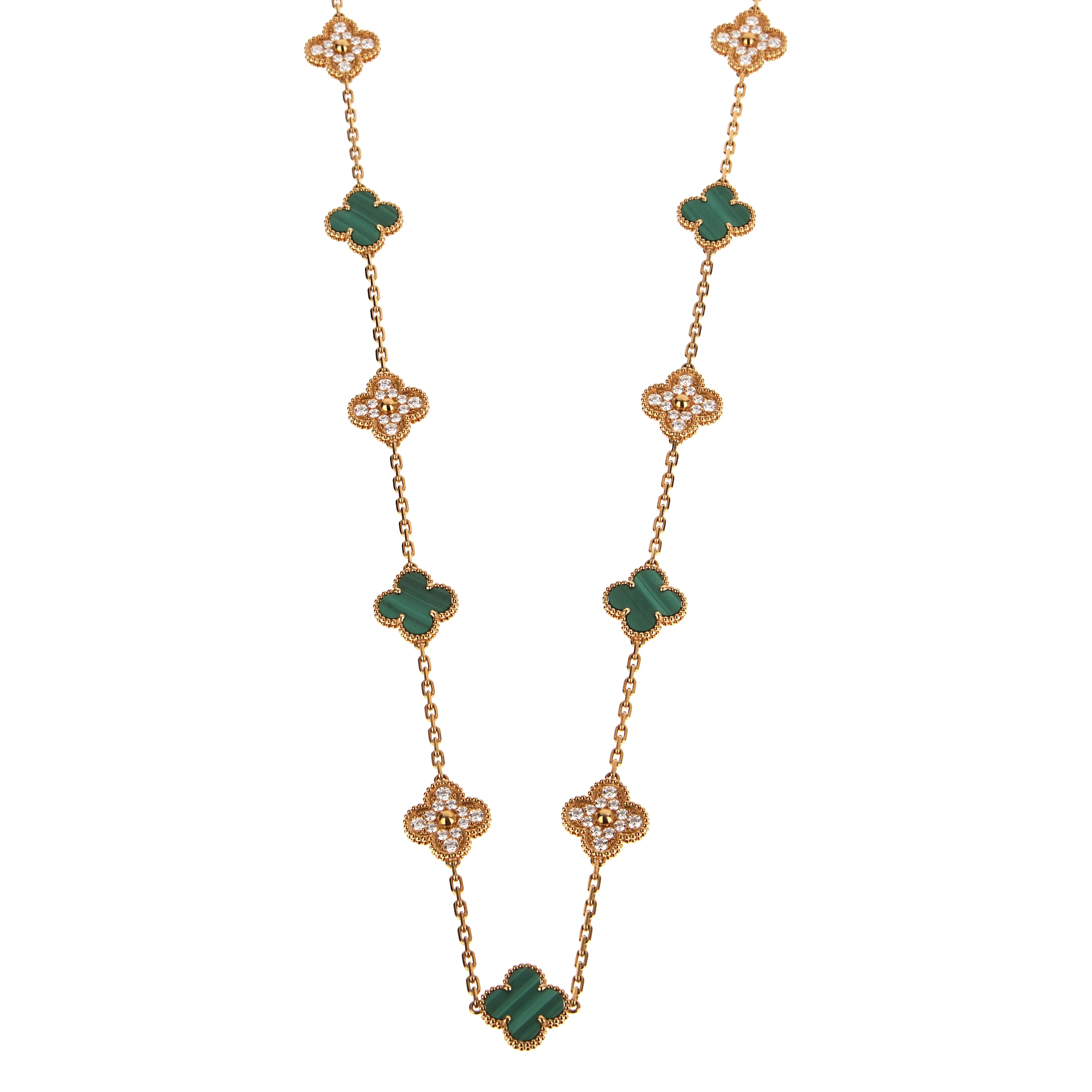 Van Cleef & Arpels Van Cleef Arpels Vintage Alhambra Malachite Diamond Long Necklace 20 Motifs