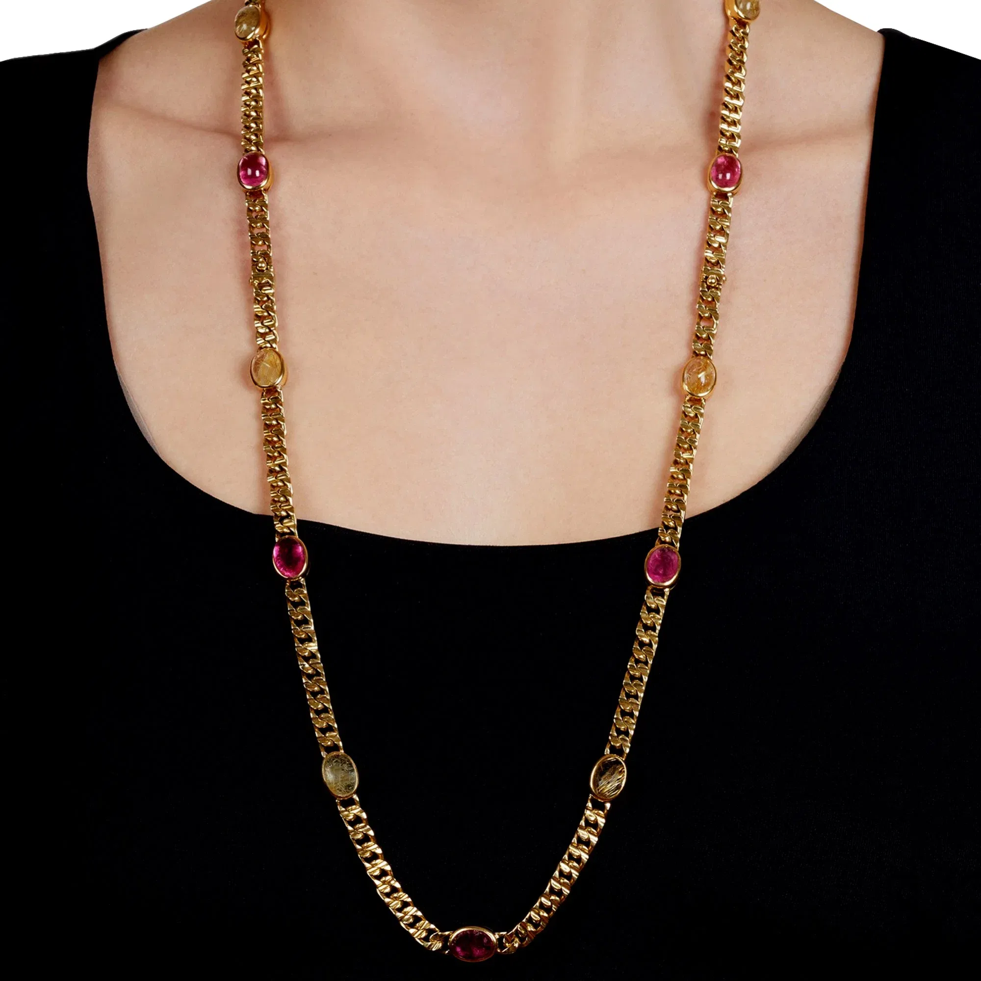 Bvlgari Vintage Pink Tourmaline Sautoir 18k Yellow Gold Necklace