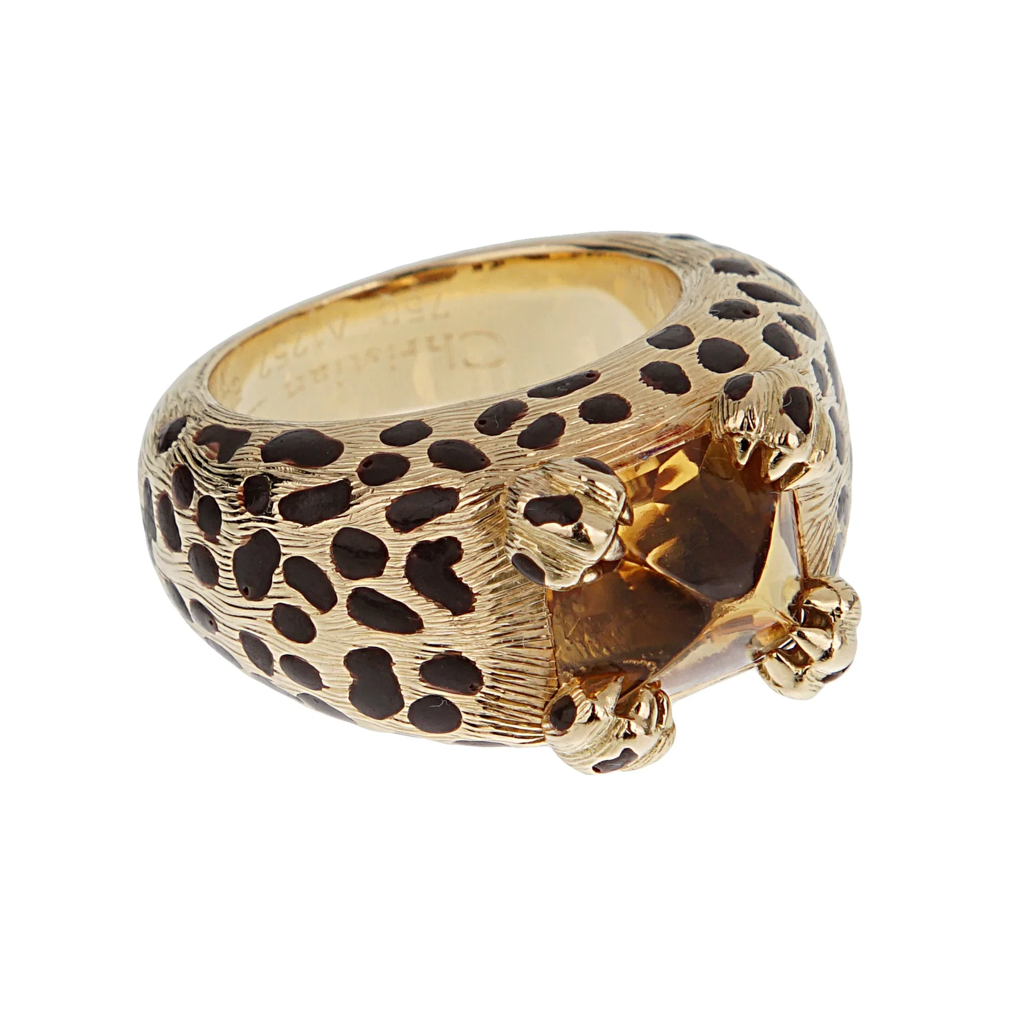 Christian Dior Dior Leopard 18k Yellow Gold Citrine Enamel Cocktail Ring Sz 5 1/4