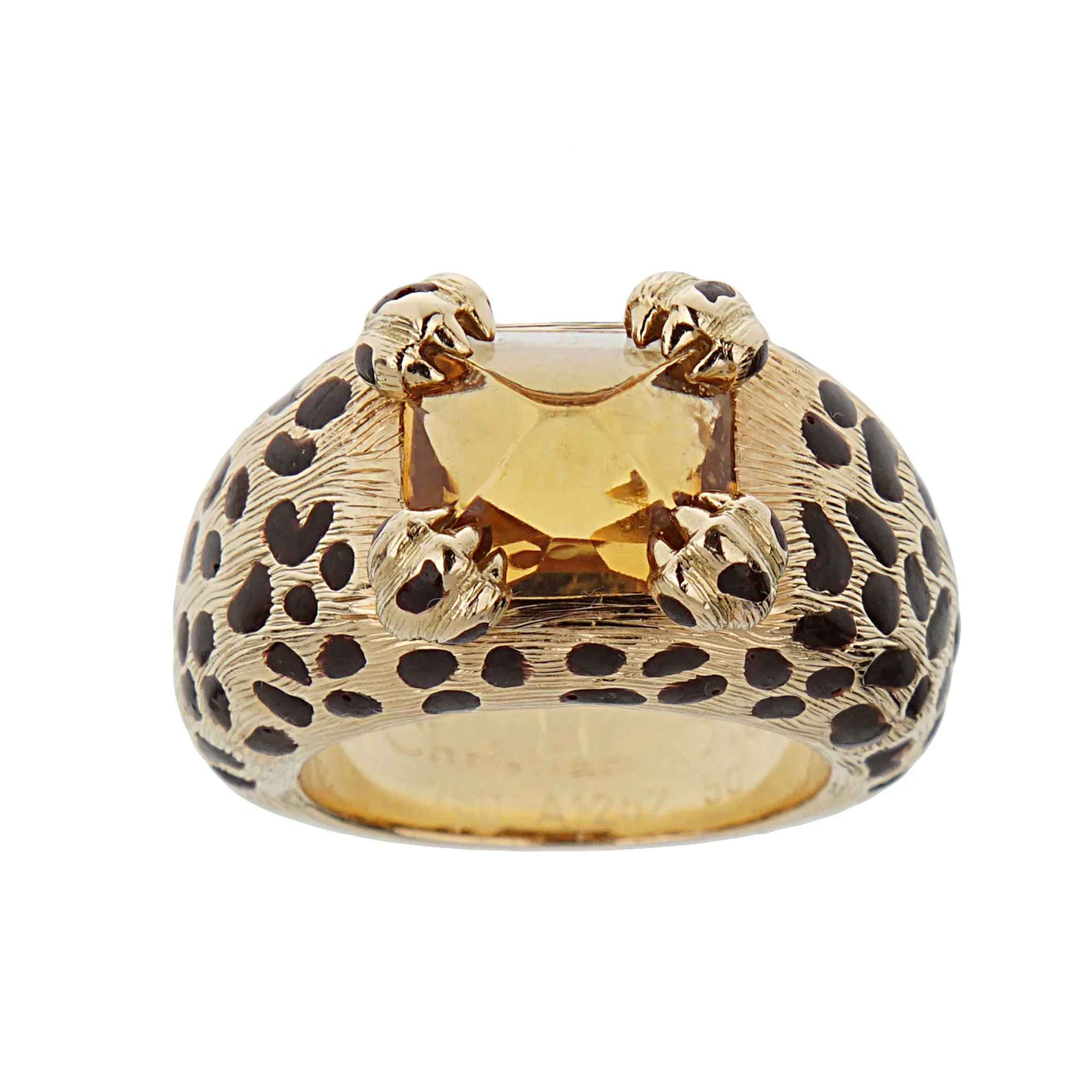 Christian Dior Dior Leopard 18k Yellow Gold Citrine Enamel Cocktail Ring Sz 5 1/4