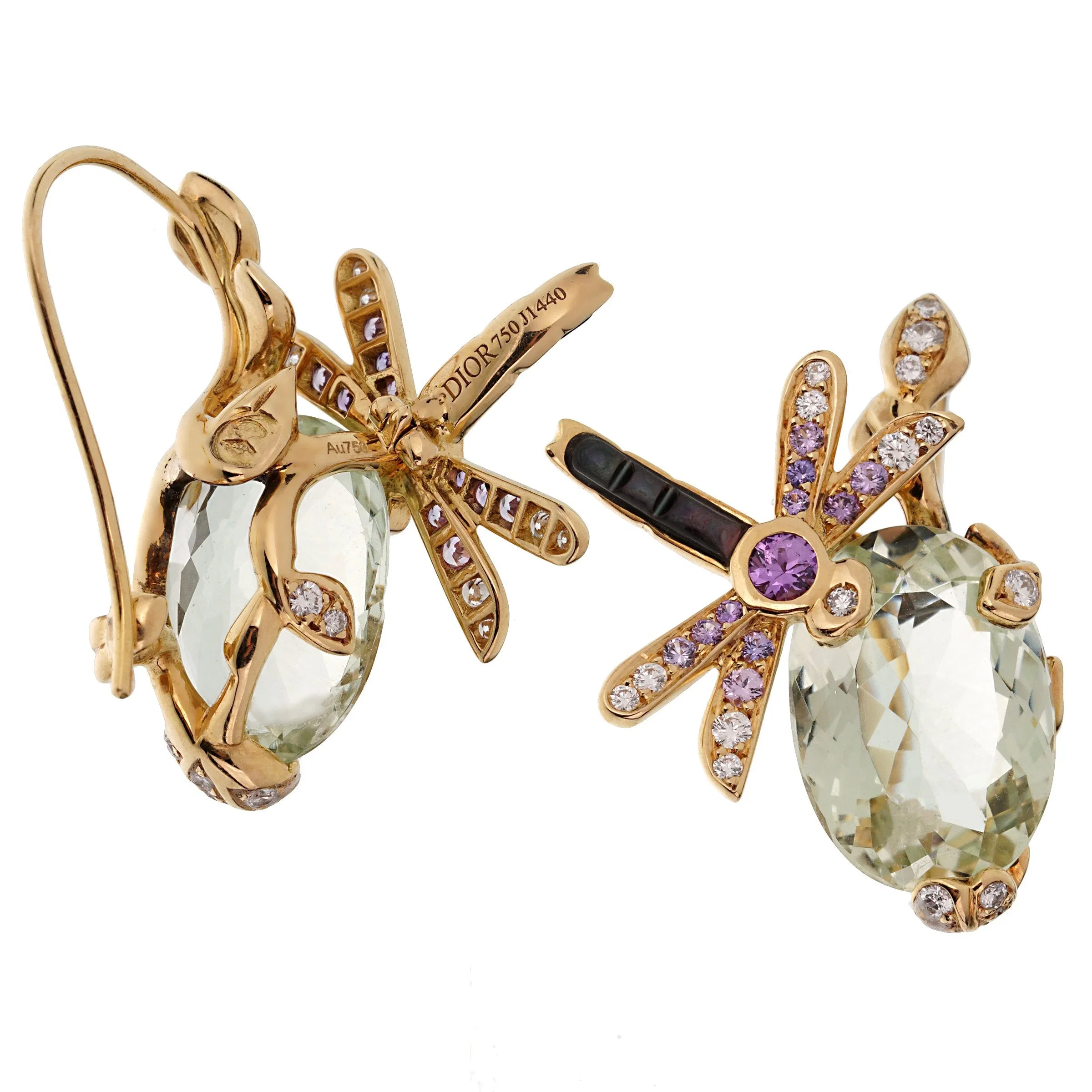 Christian Dior Dior Dragonfly Green Beryl Diamond Sapphire 18k Yellow Gold Earrings