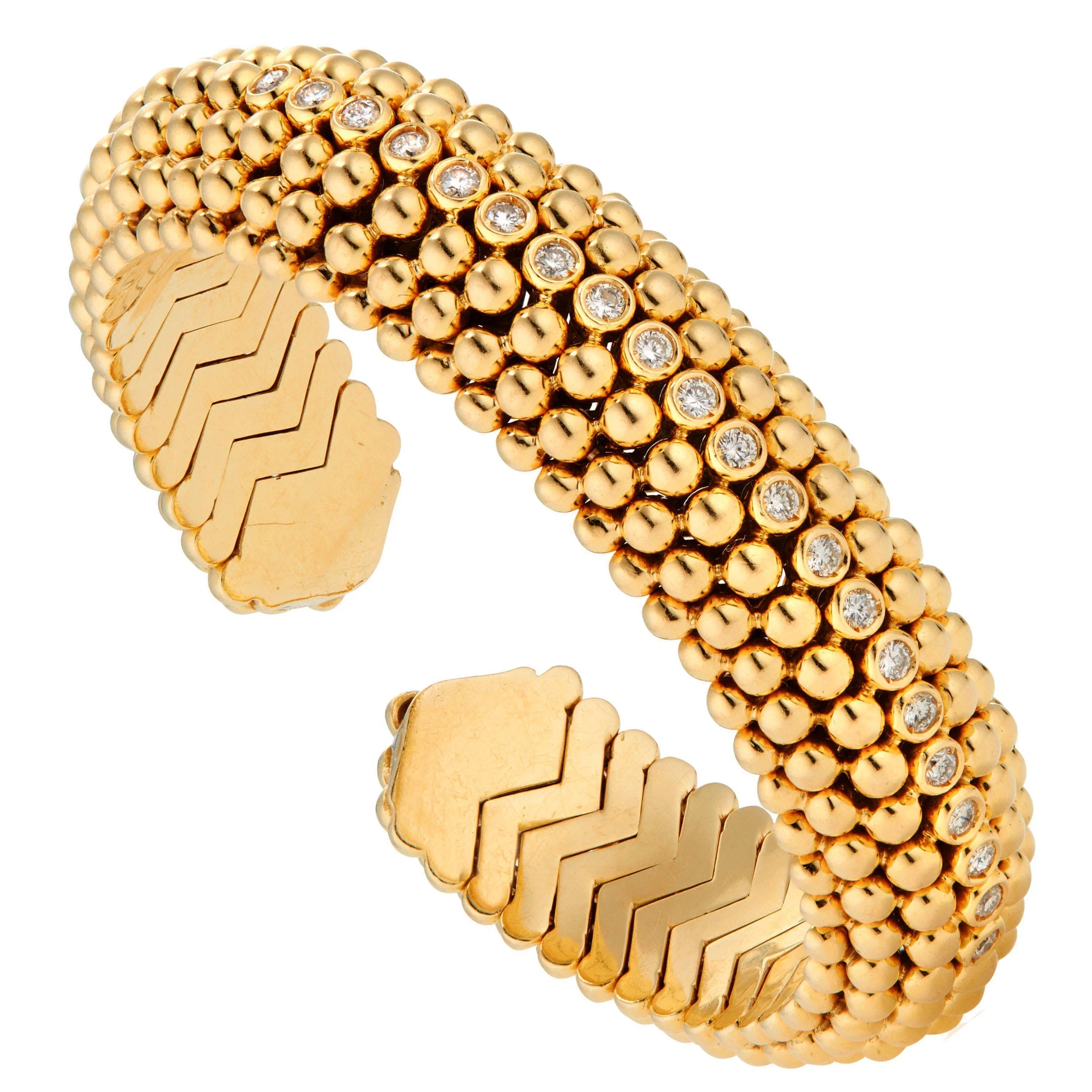 Bvlgari Beaded Spiga Diamond 18k Yellow Gold Cuff Bracelet