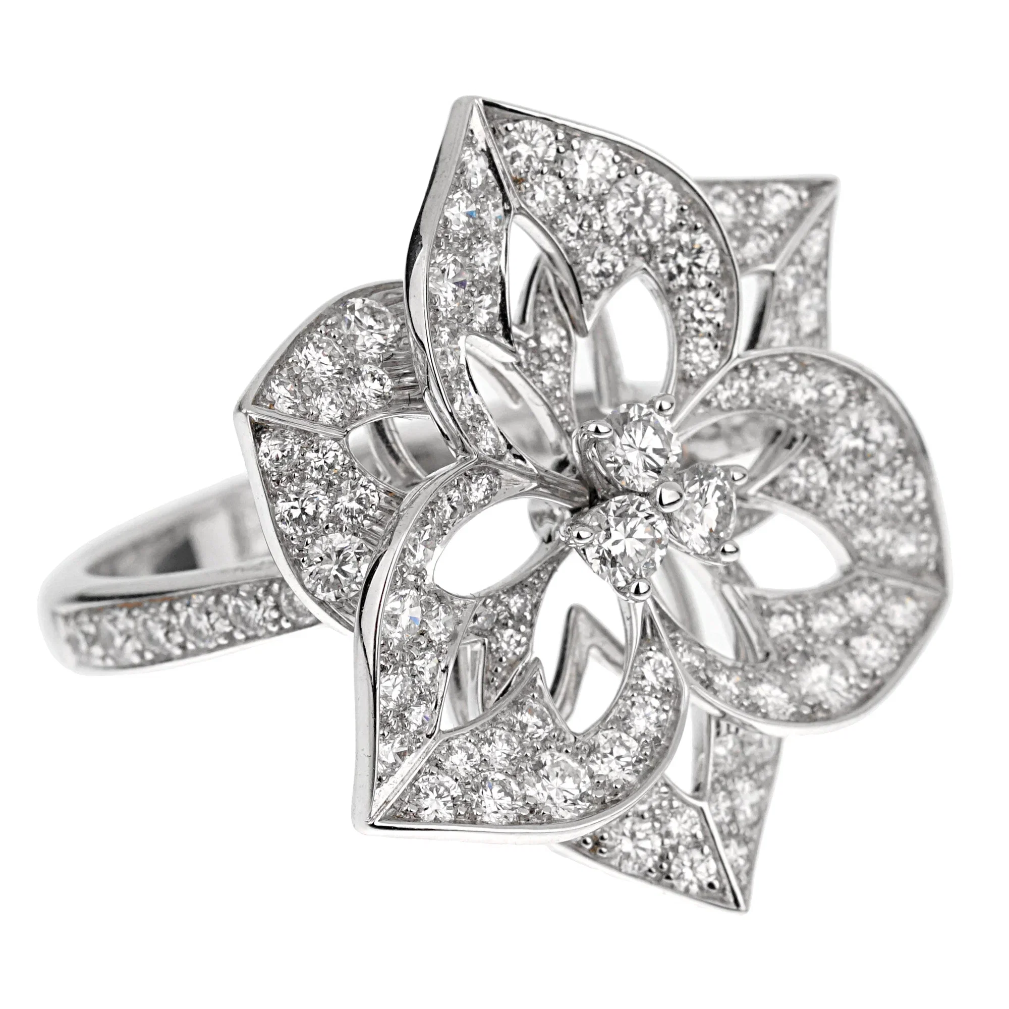 Boucheron Large Flower Diamond 18k White Gold Cocktail Ring Sz 5 1/2