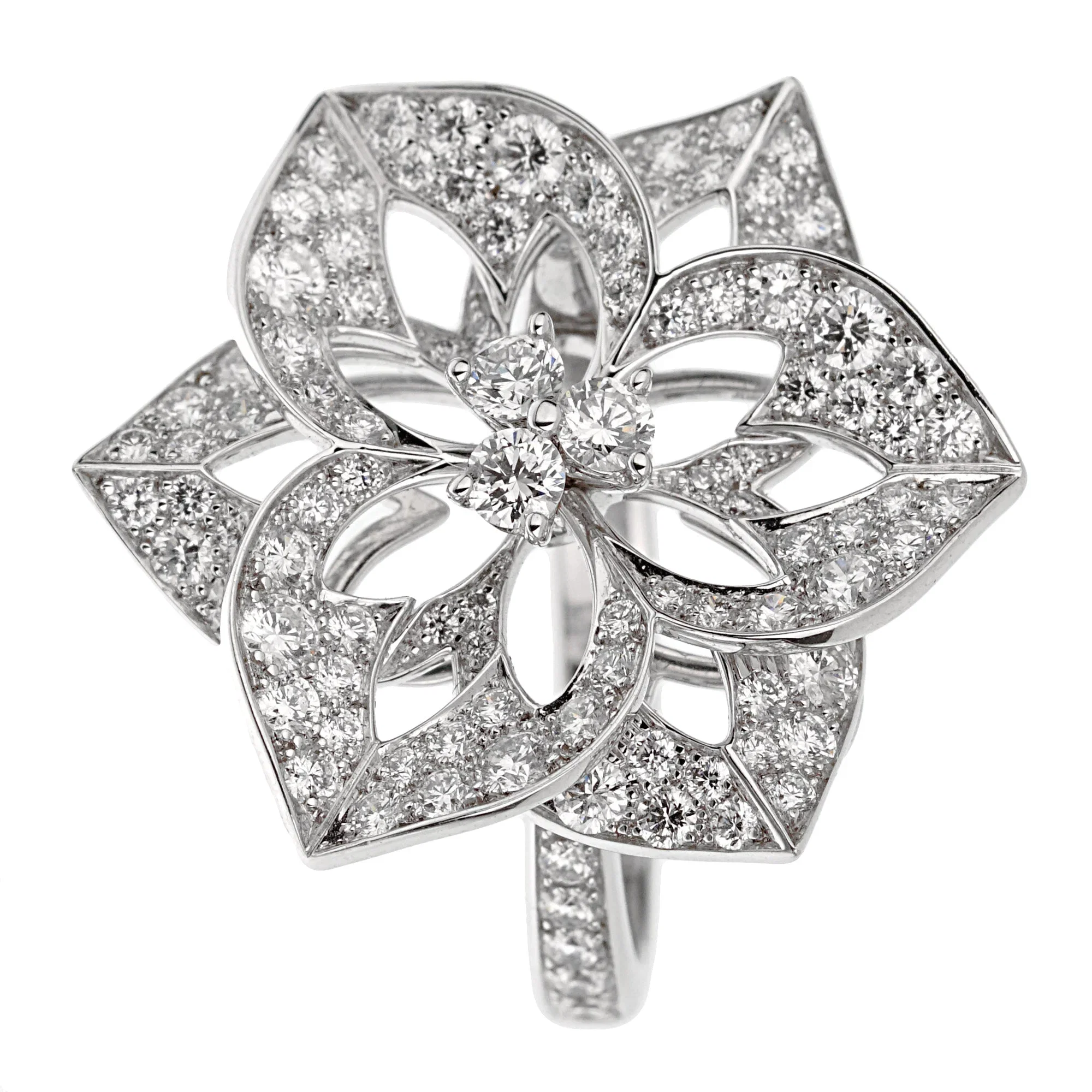 Boucheron Large Flower Diamond 18k White Gold Cocktail Ring Sz 5 1/2
