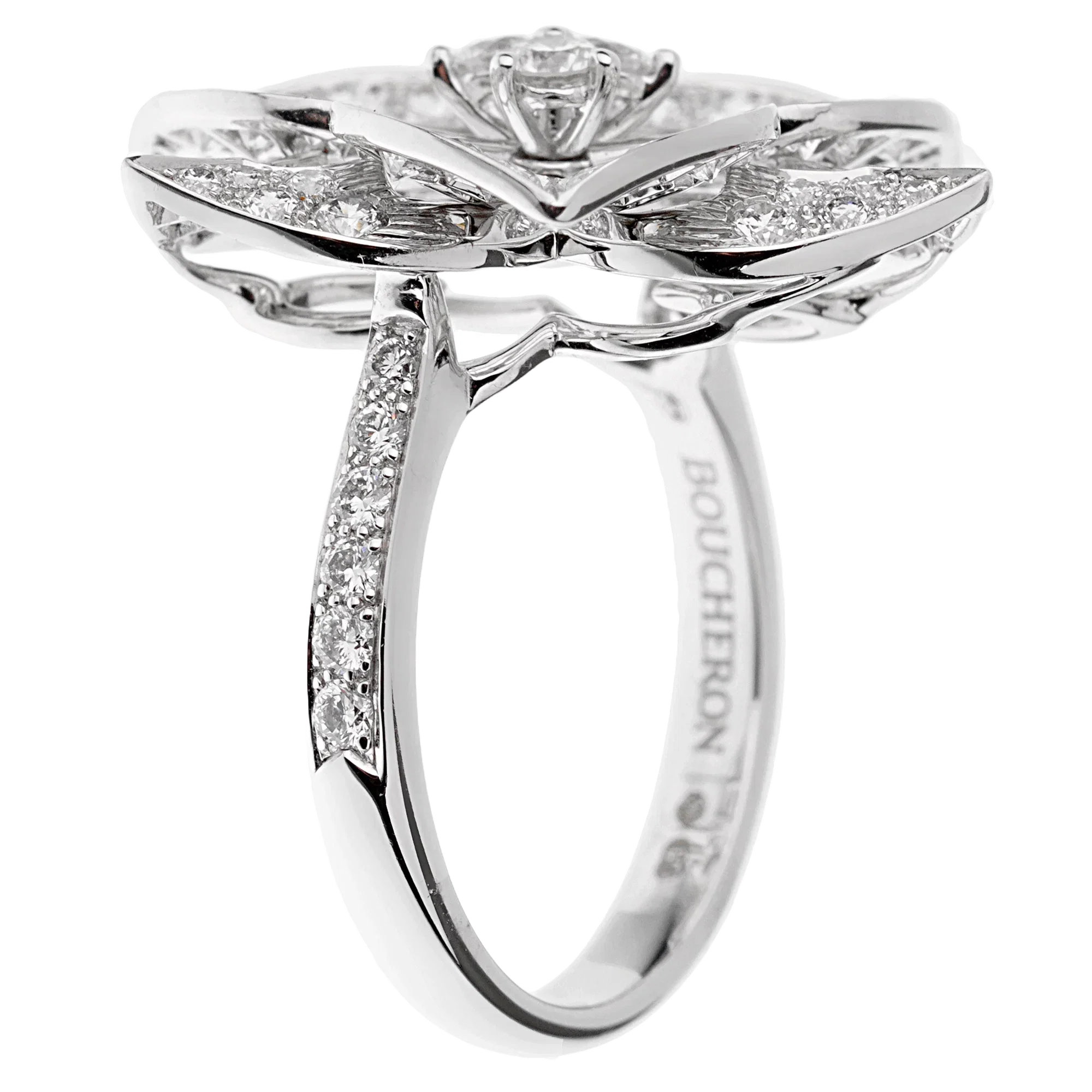 Boucheron Large Flower Diamond 18k White Gold Cocktail Ring Sz 5 1/2