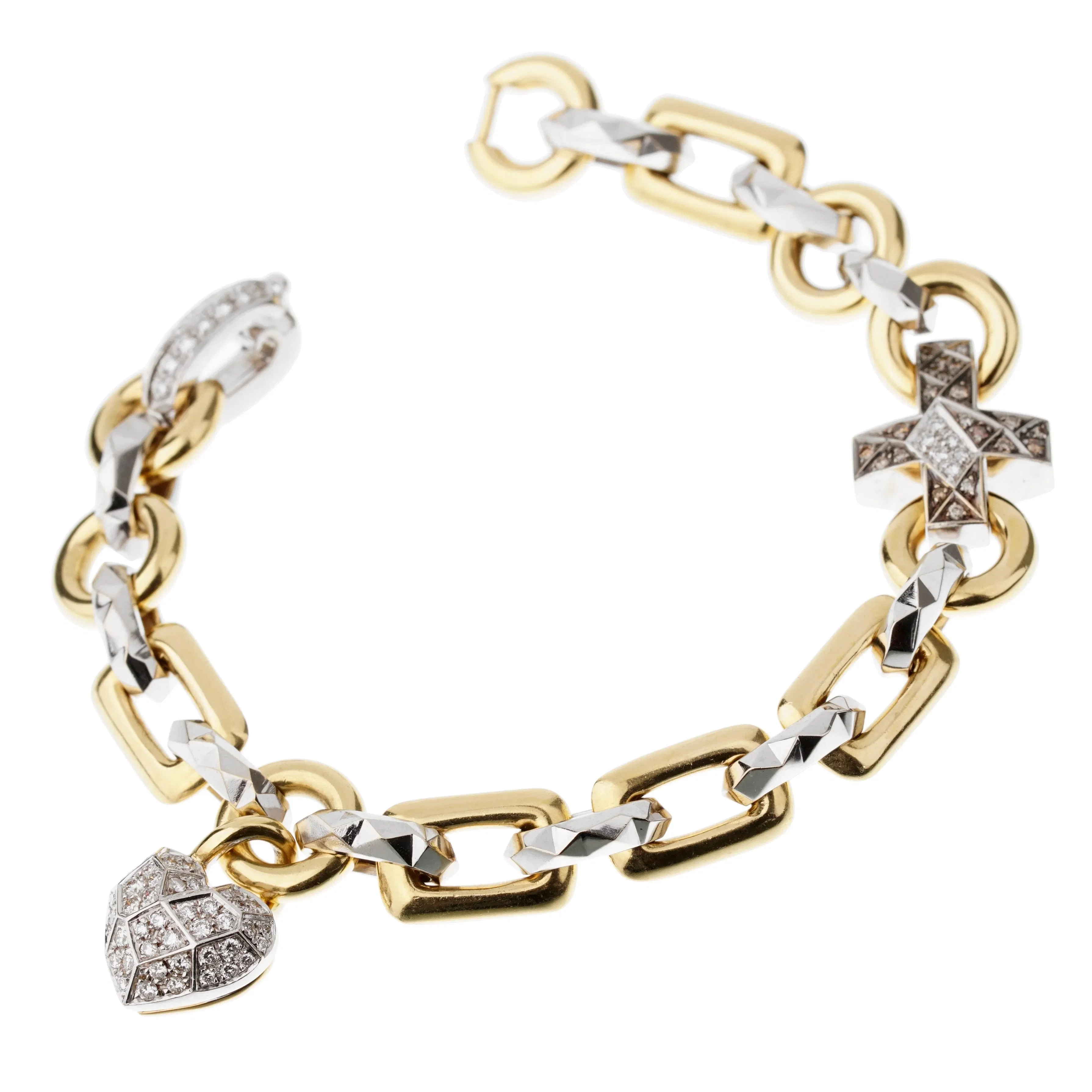 Mikimoto Diamond Heart Cross 18k White Yellow Gold Charm Bracelet