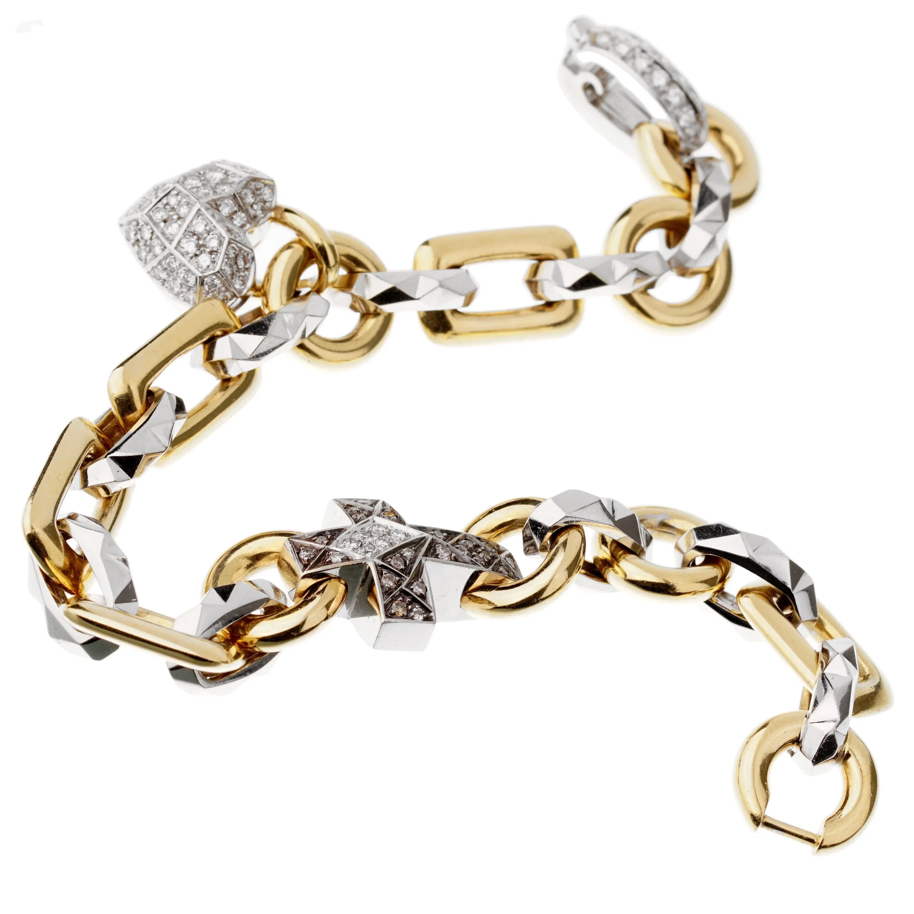 Mikimoto Diamond Heart Cross 18k White Yellow Gold Charm Bracelet