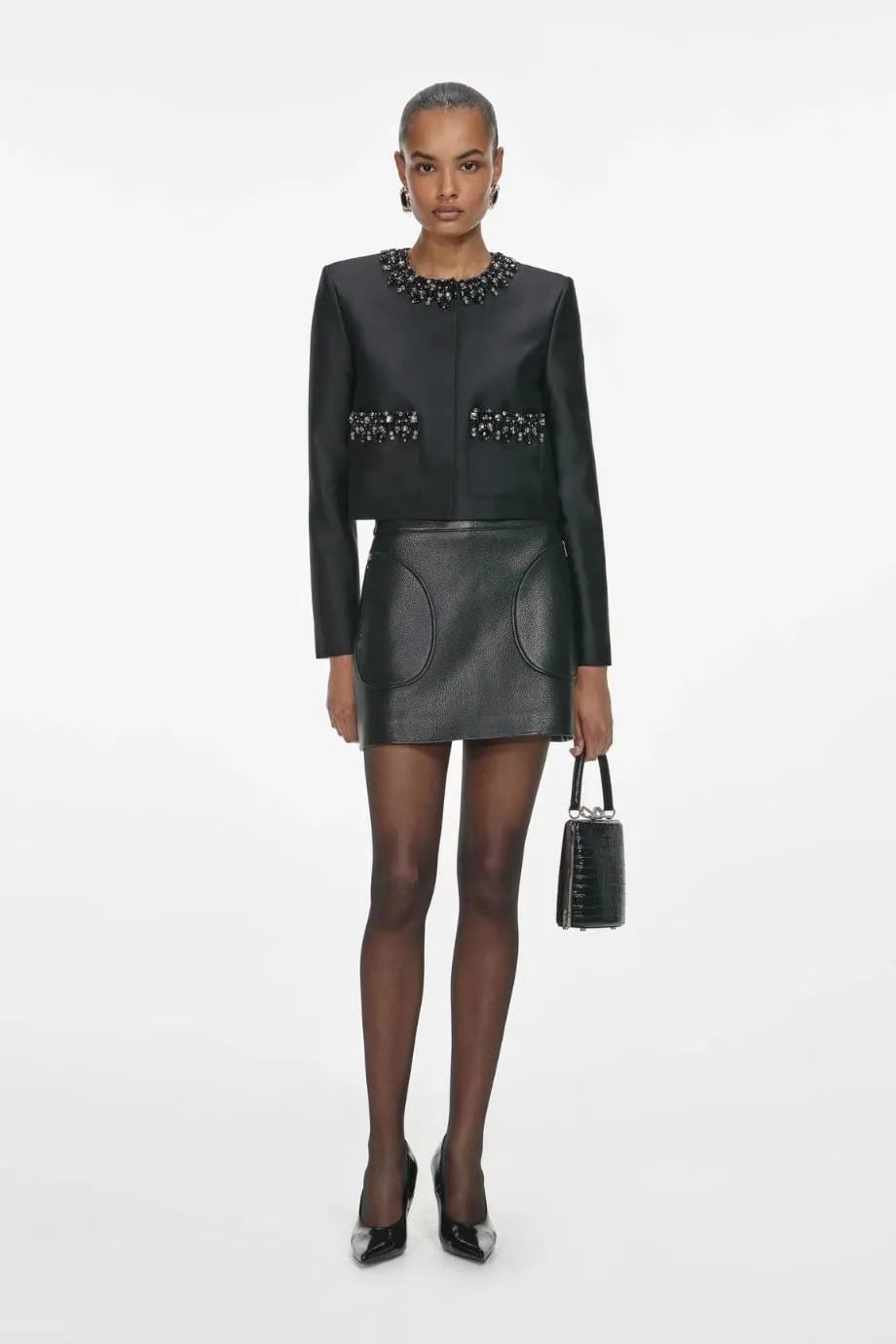 Self-Portrait Taffeta Embellished Trim Cropped Jacket in Black