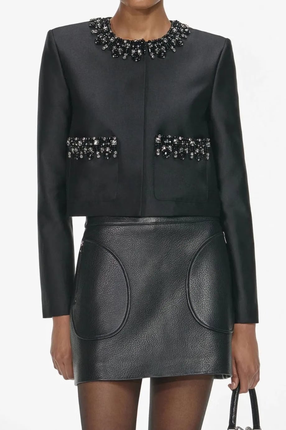 Self-Portrait Taffeta Embellished Trim Cropped Jacket in Black