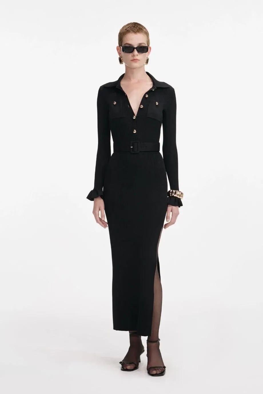 Self-Portrait Ribbed Knit Belted Maxi Dress in Black