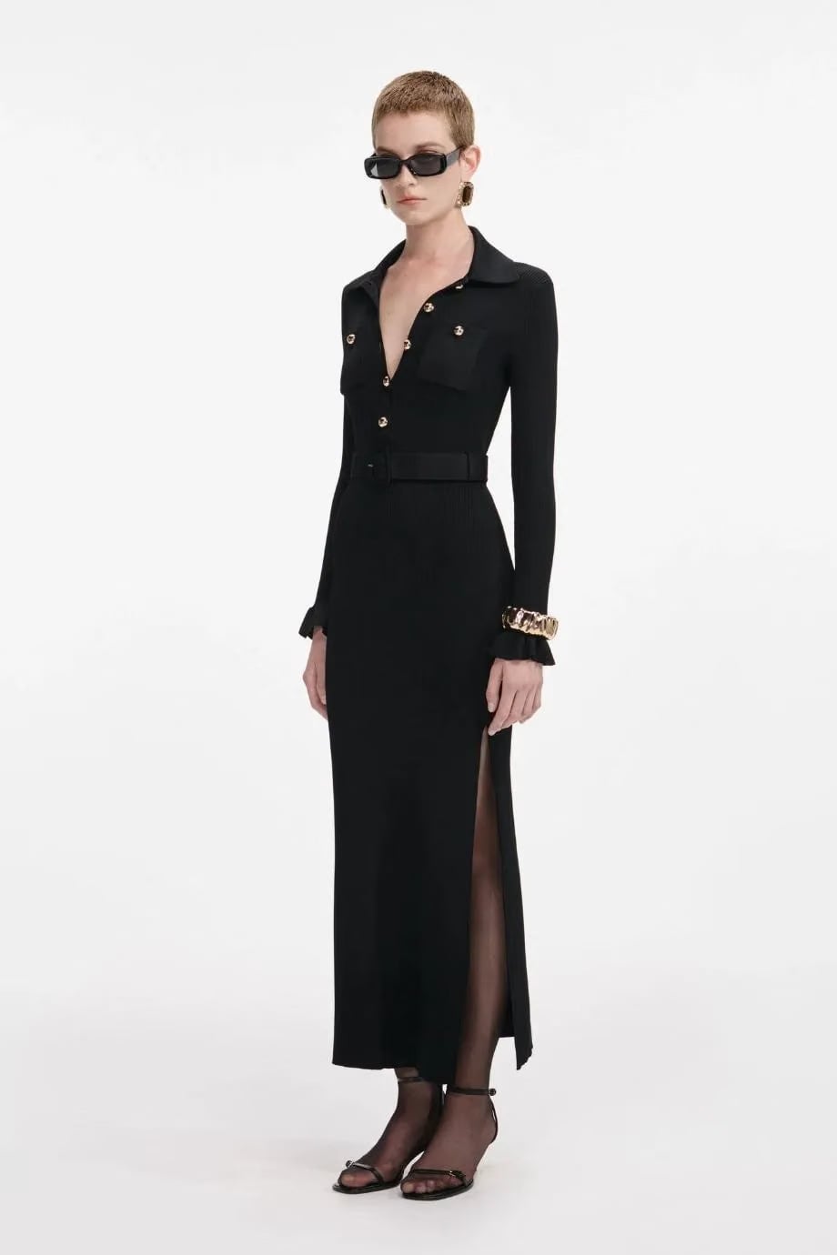 Self-Portrait Ribbed Knit Belted Maxi Dress in Black