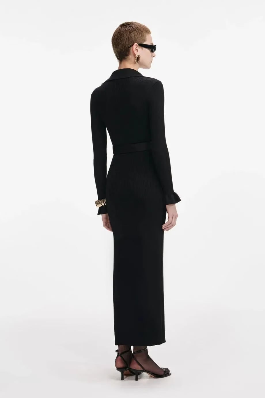 Self-Portrait Ribbed Knit Belted Maxi Dress in Black