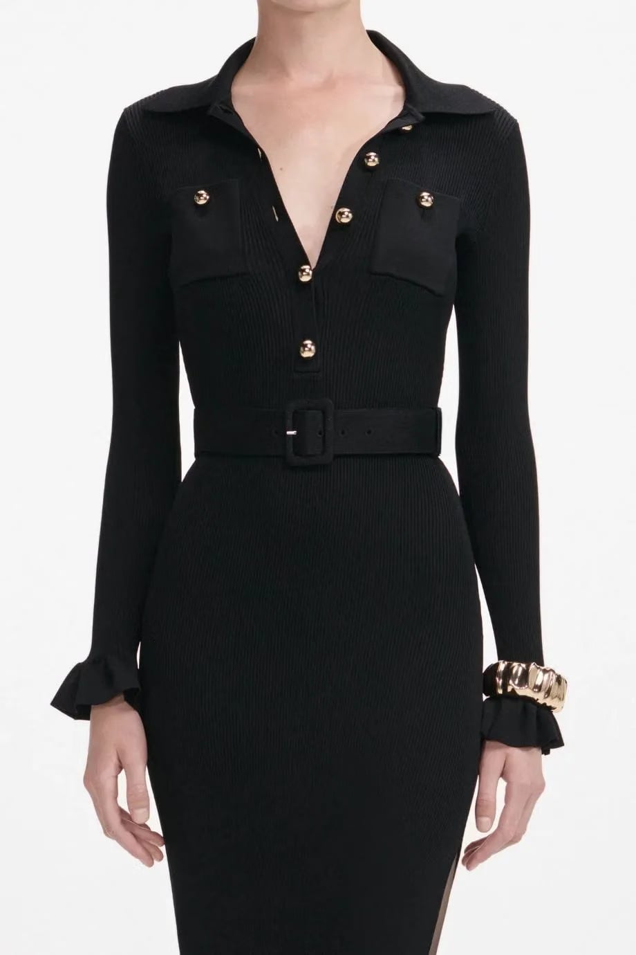 Self-Portrait Ribbed Knit Belted Maxi Dress in Black
