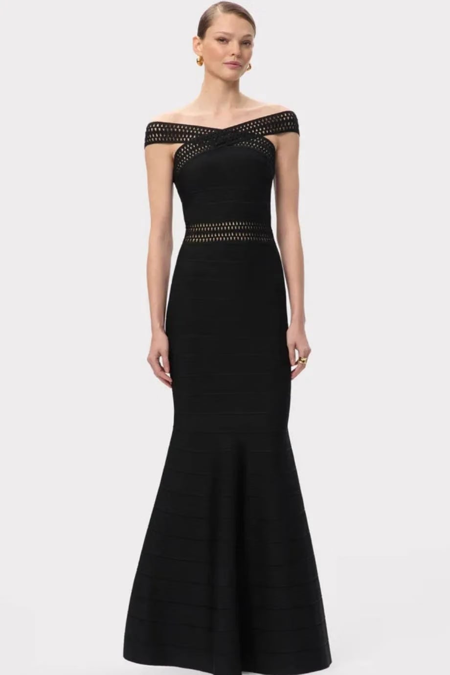 Hervé Léger Octavia Off Shoulder Knit Bandage Maxi Dress In Black