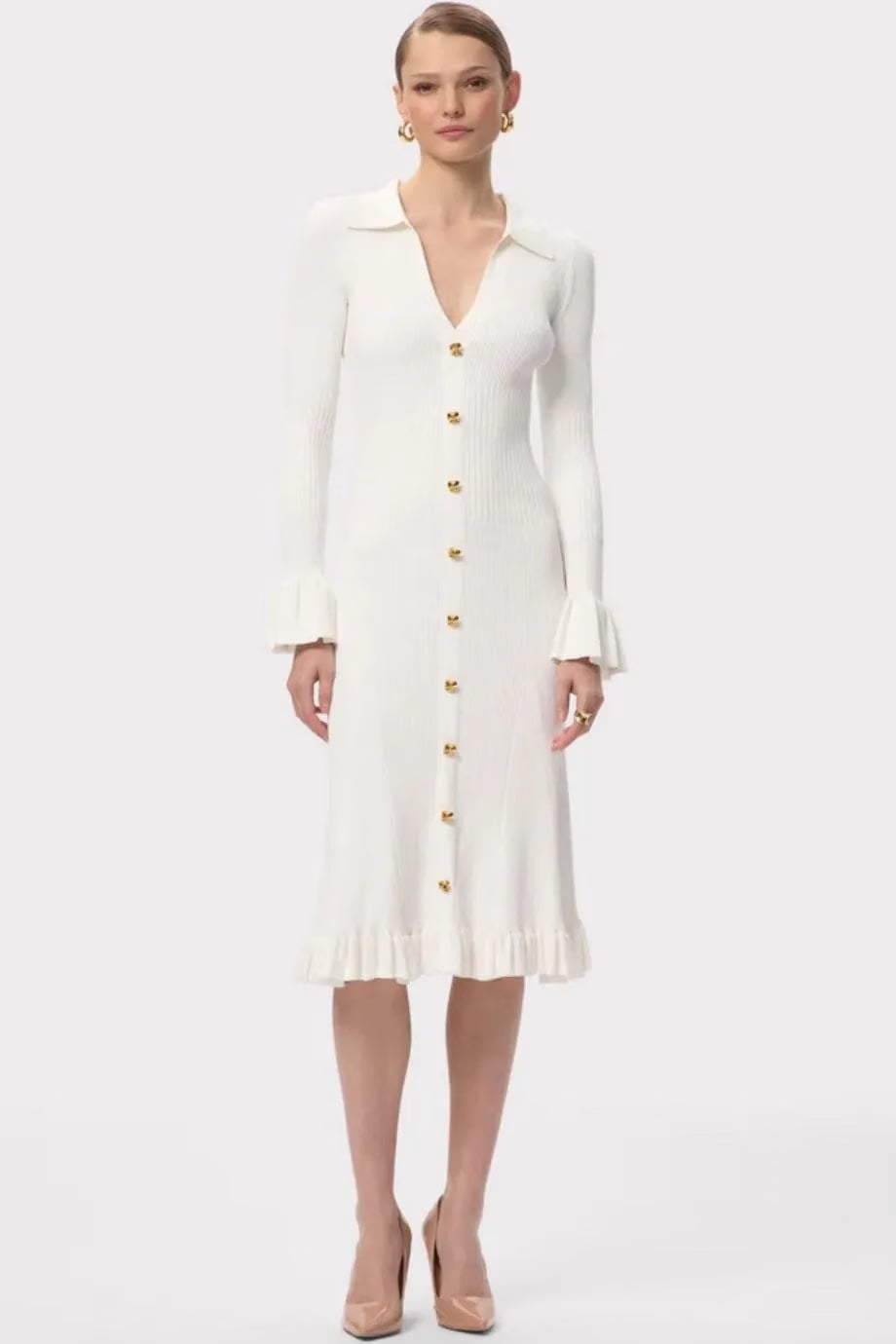 Hervé Léger Hallie Long Sleeves V Neck Knit Midi Dress In Cream