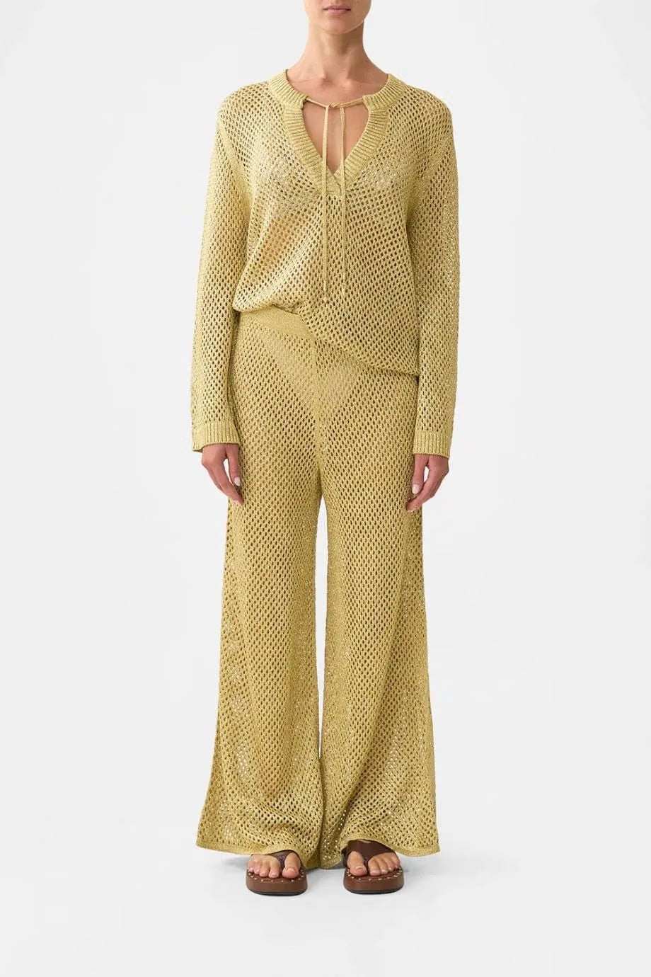 Camilla Ottoman Dynasty Wide Legged Flare Knit Pants in Beige