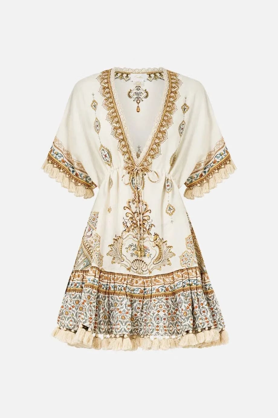 Camilla Ottoman Dynasty Floral Short V Neck Embroidered Linen Mini Dress in Beige