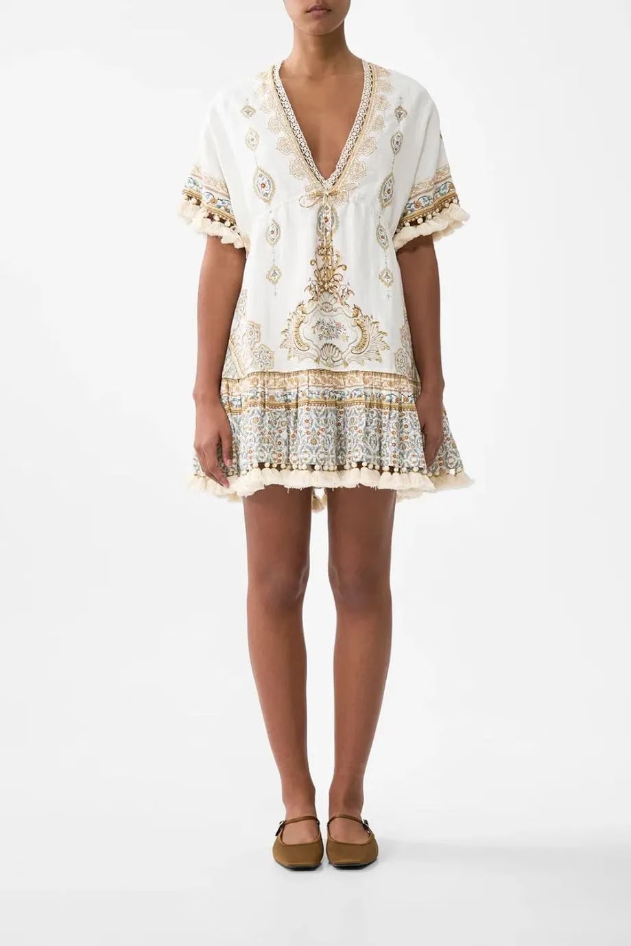 Camilla Ottoman Dynasty Floral Short V Neck Embroidered Linen Mini Dress in Beige