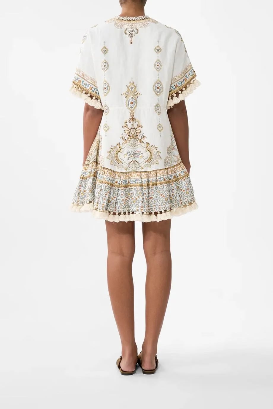 Camilla Ottoman Dynasty Floral Short V Neck Embroidered Linen Mini Dress in Beige