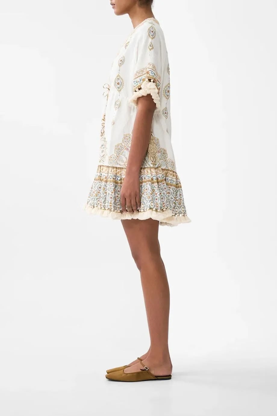Camilla Ottoman Dynasty Floral Short V Neck Embroidered Linen Mini Dress in Beige