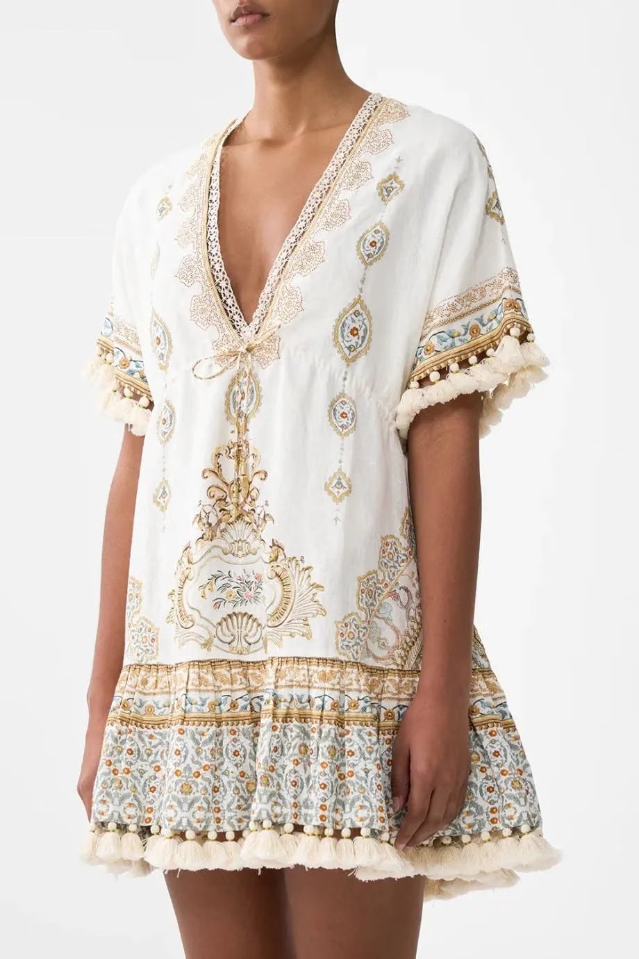 Camilla Ottoman Dynasty Floral Short V Neck Embroidered Linen Mini Dress in Beige