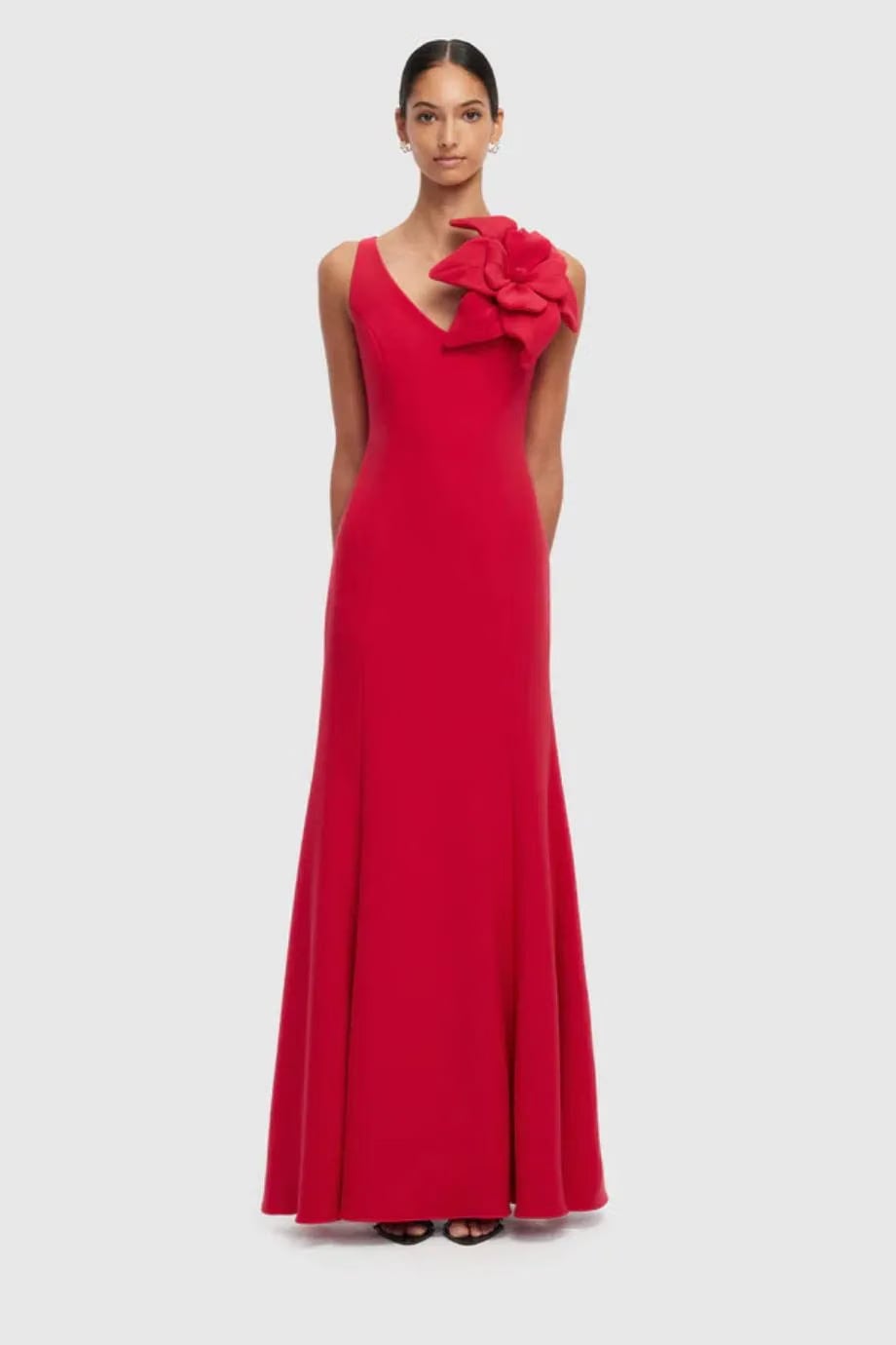 Leo Lin Eugenie Sleeveless Silk Slip Maxi Dress With Floral Applique in Red