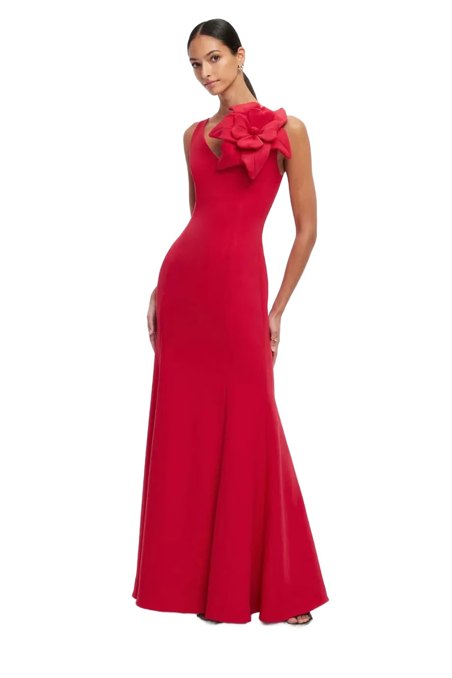 Leo Lin Eugenie Sleeveless Silk Slip Maxi Dress With Floral Applique in Red