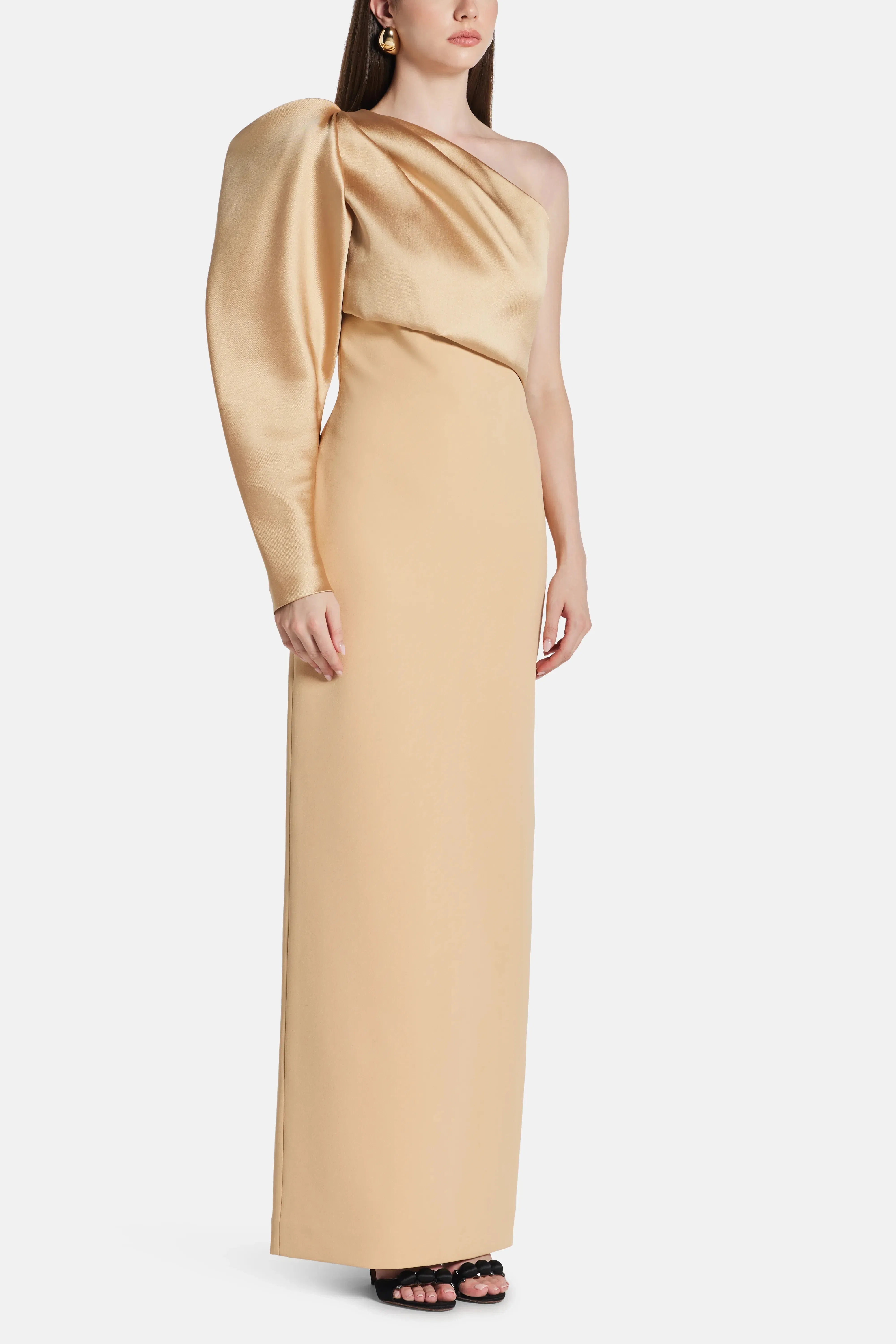Solace London Tally One Shoulder Puff Sleeves Evening Dress in Beige
