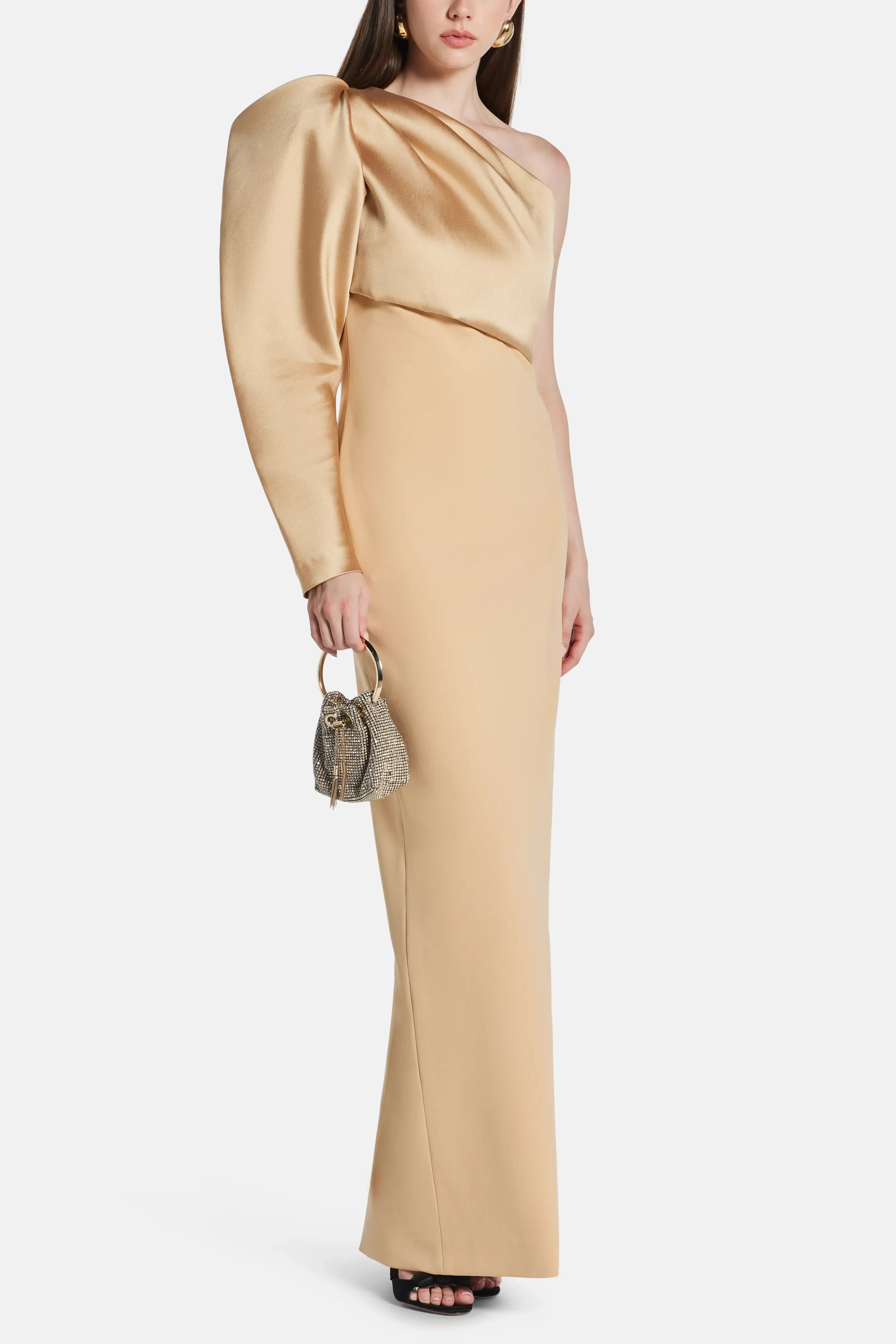 Solace London Tally One Shoulder Puff Sleeves Evening Dress in Beige