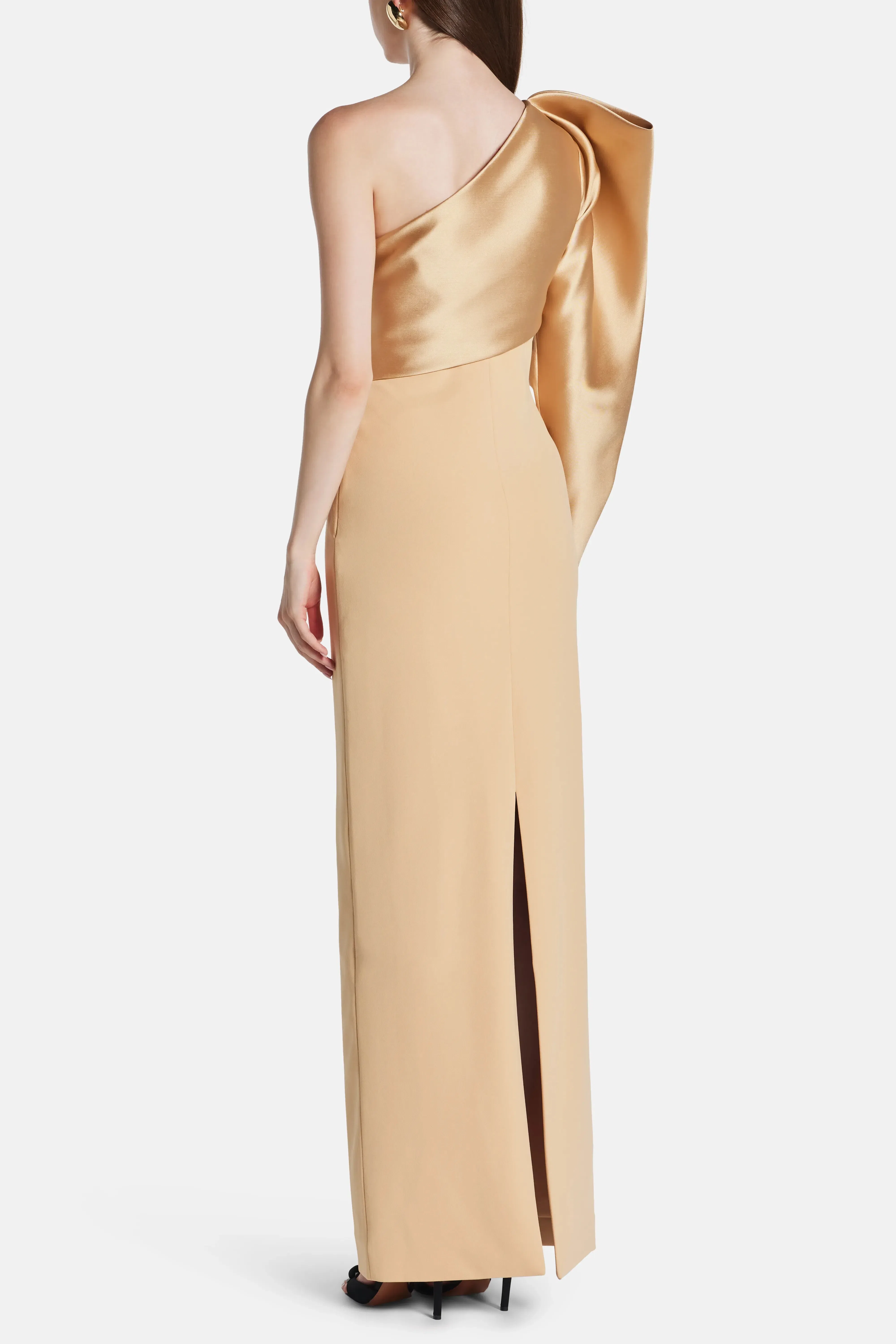 Solace London Tally One Shoulder Puff Sleeves Evening Dress in Beige
