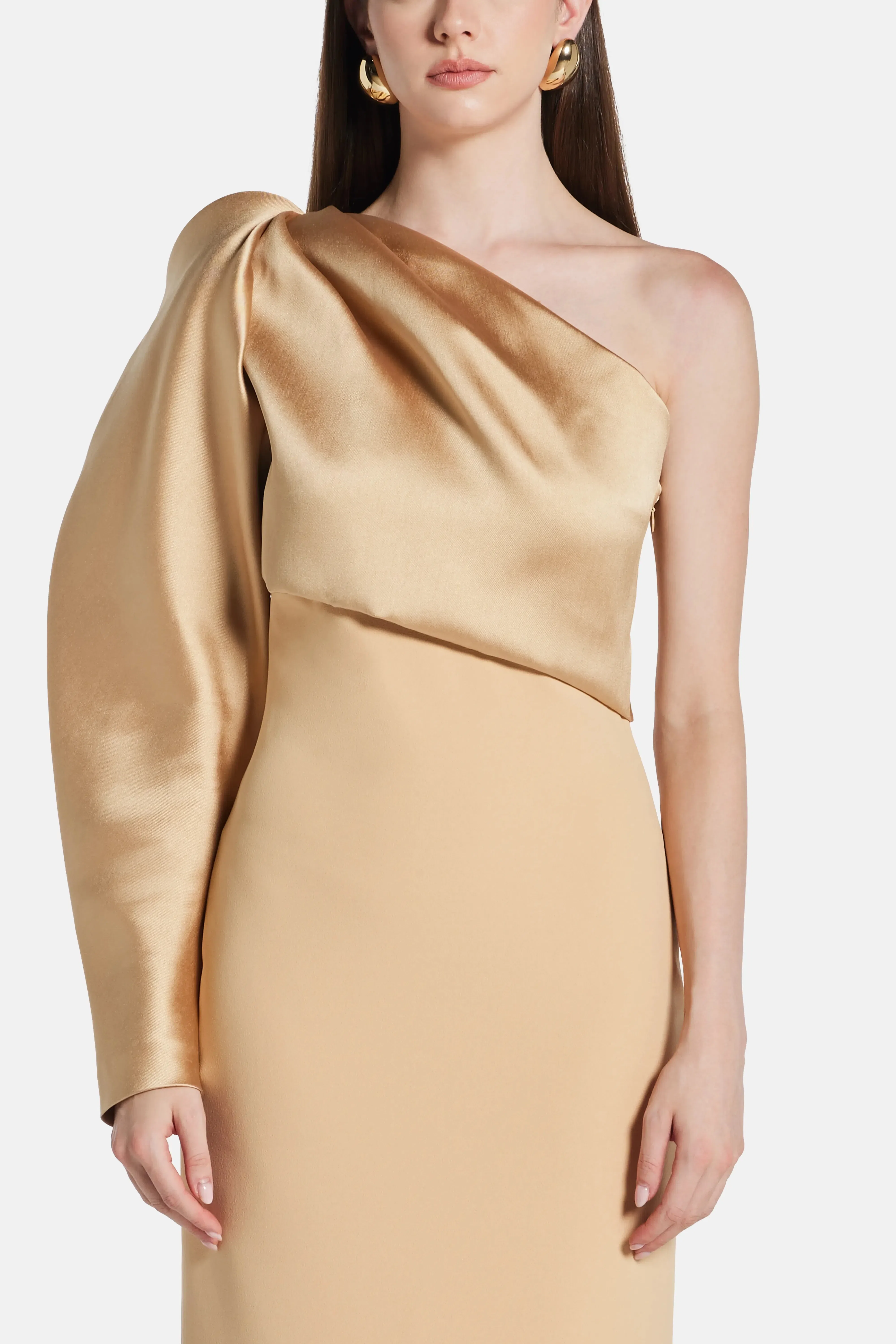 Solace London Tally One Shoulder Puff Sleeves Evening Dress in Beige