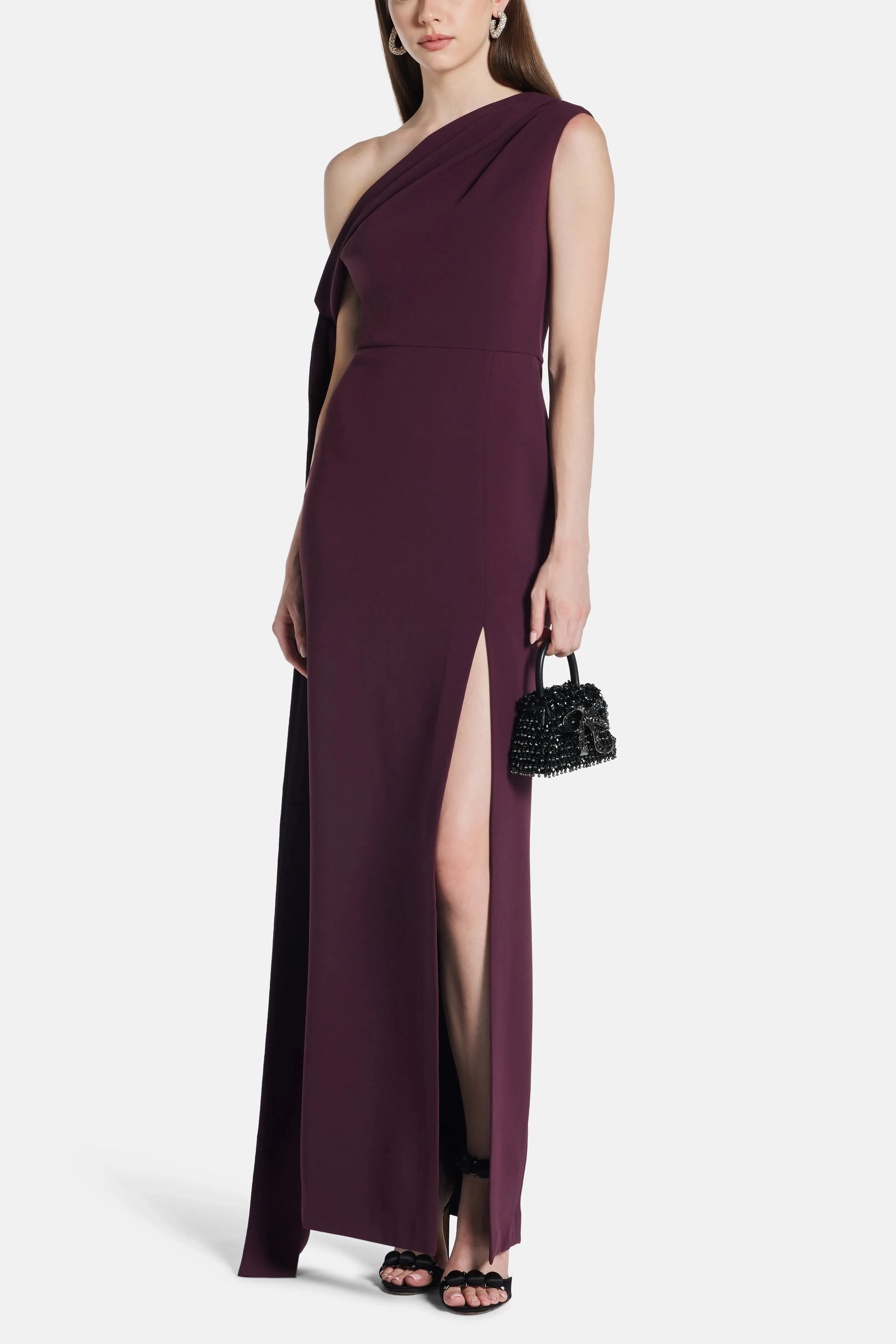 Solace London Irina One Shoulder Evening Dress in Burgundy