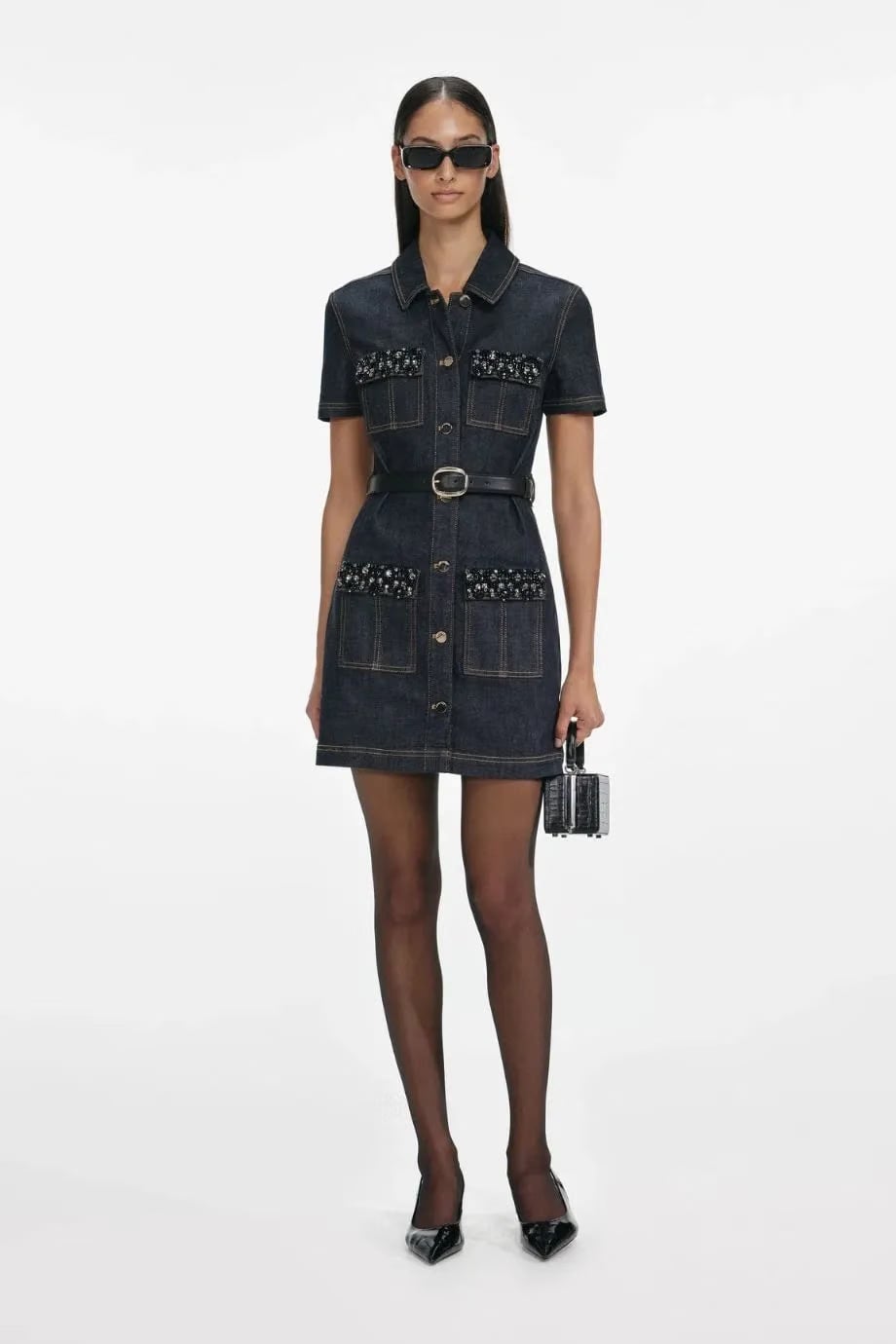 Self-Portrait Indigo Denim Crystal Trim Belted Mini Dress in Blue