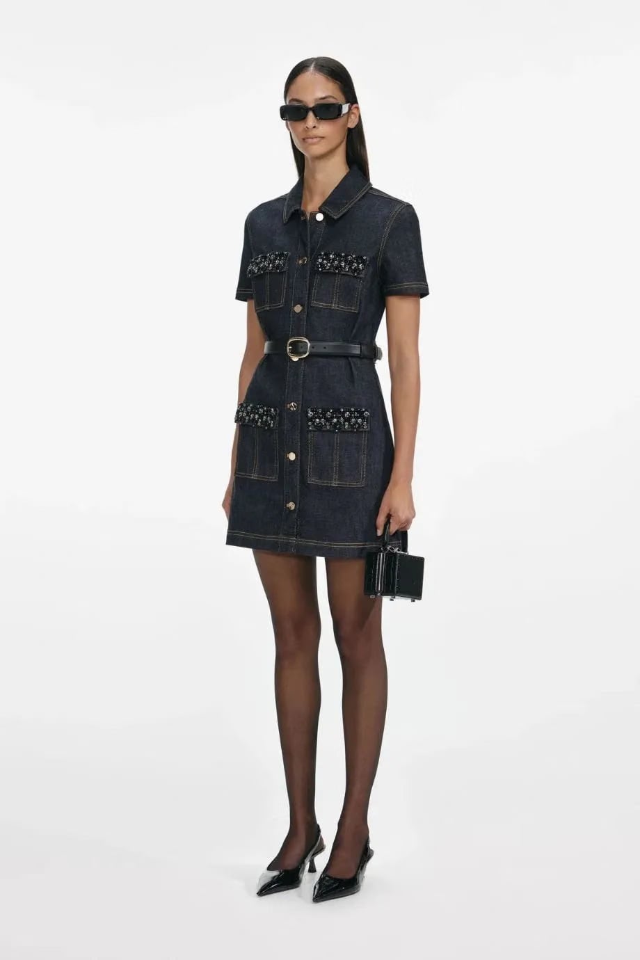Self-Portrait Indigo Denim Crystal Trim Belted Mini Dress in Blue