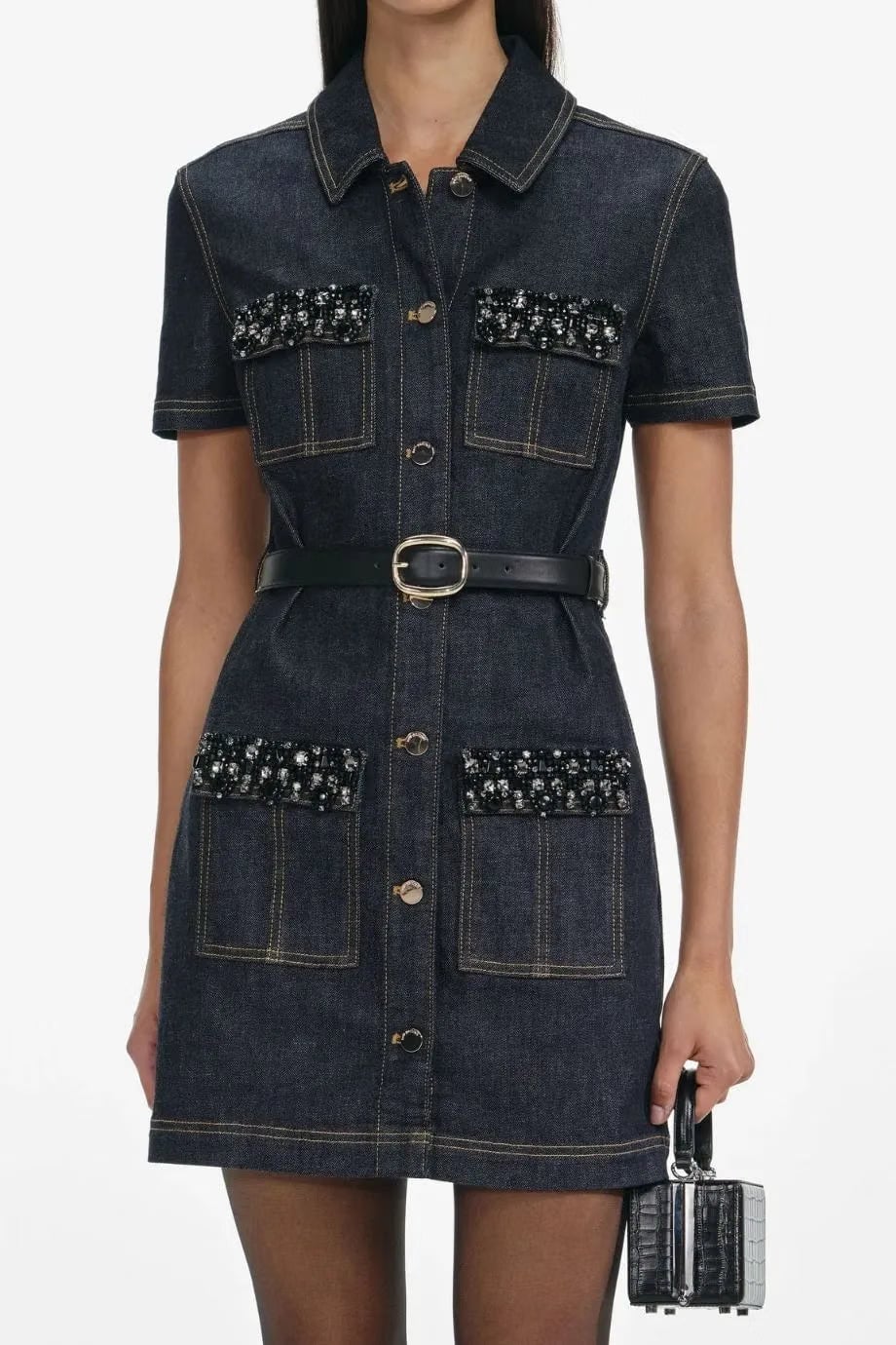 Self-Portrait Indigo Denim Crystal Trim Belted Mini Dress in Blue