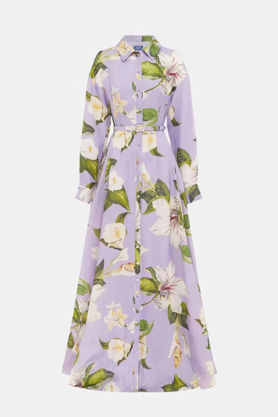 Leo Lin Josephine Floral Lily Blossom Belted Silk Maxi Dress in Purple