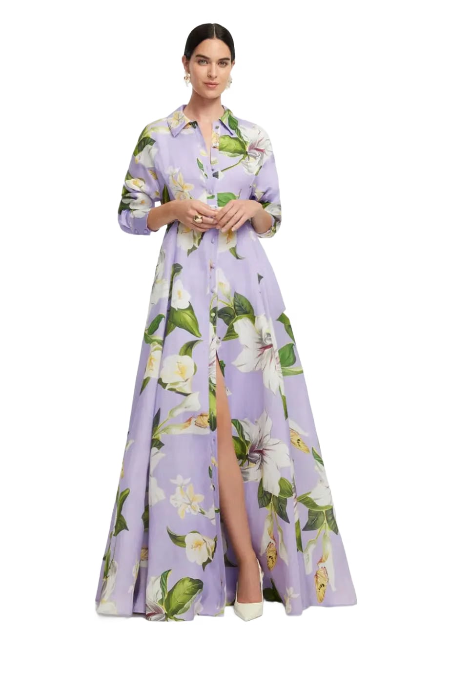 Leo Lin Josephine Floral Lily Blossom Belted Silk Maxi Dress in Purple