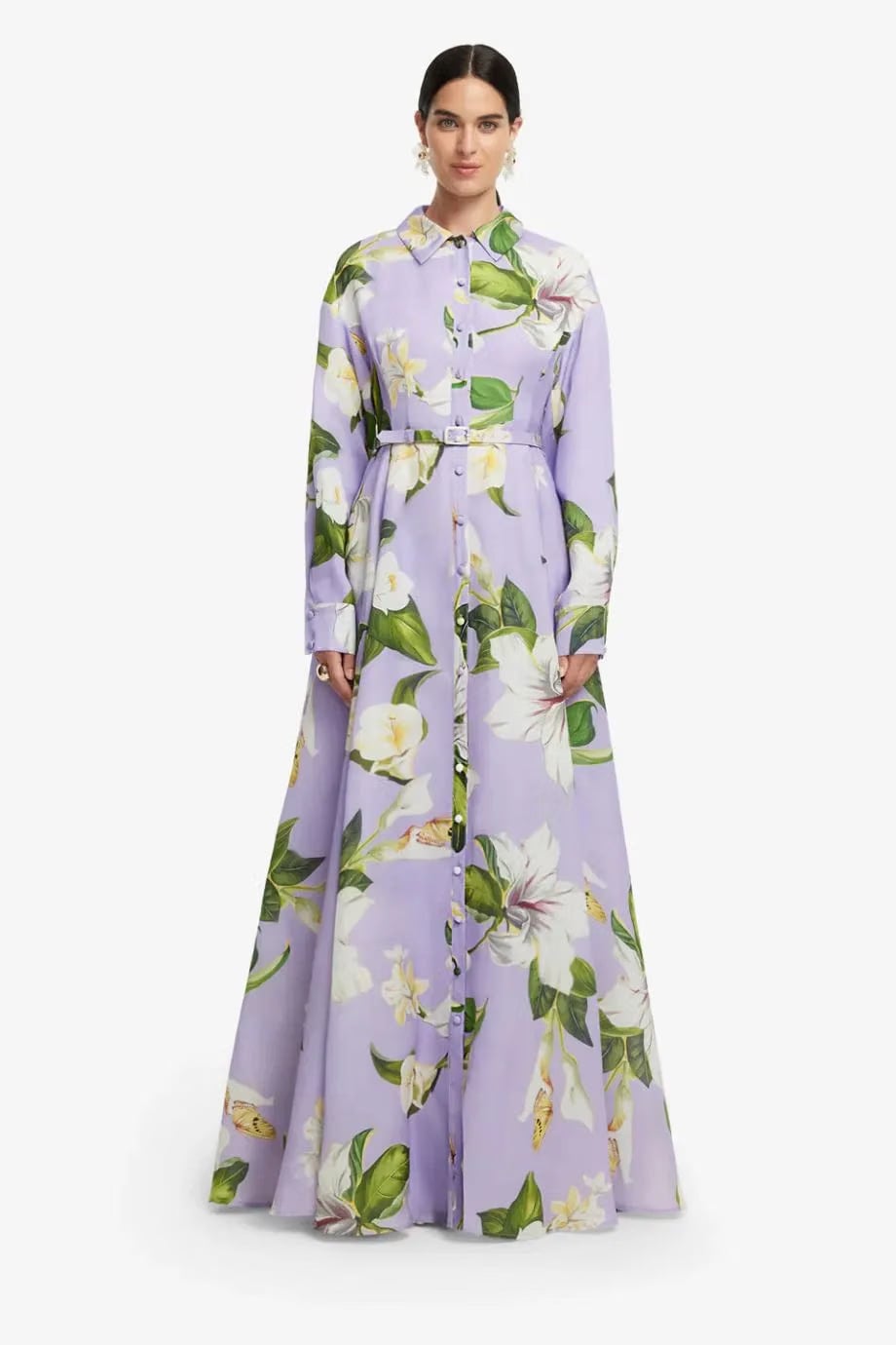 Leo Lin Josephine Floral Lily Blossom Belted Silk Maxi Dress in Purple