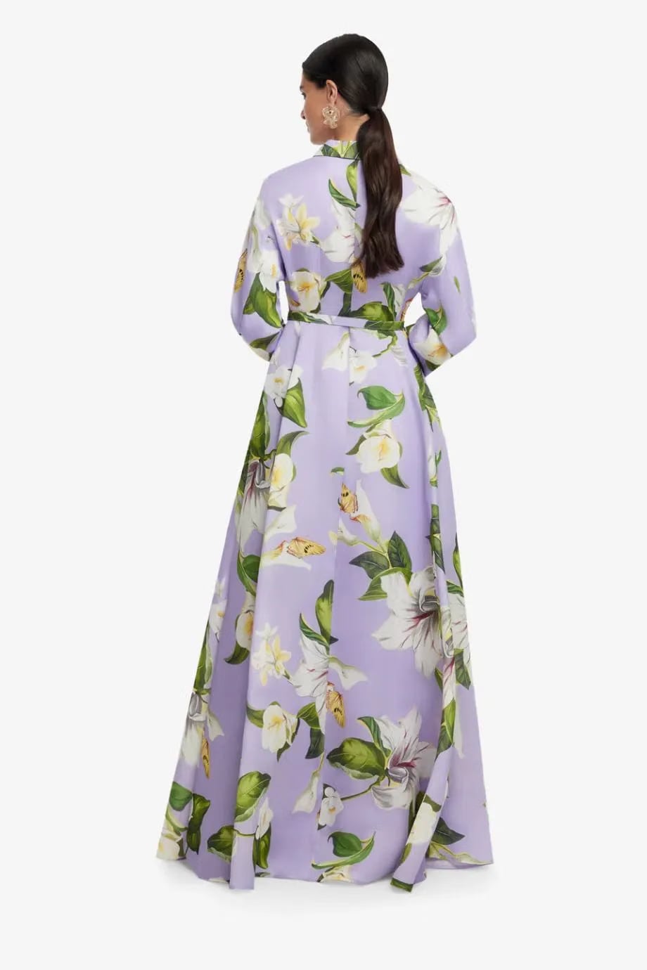 Leo Lin Josephine Floral Lily Blossom Belted Silk Maxi Dress in Purple