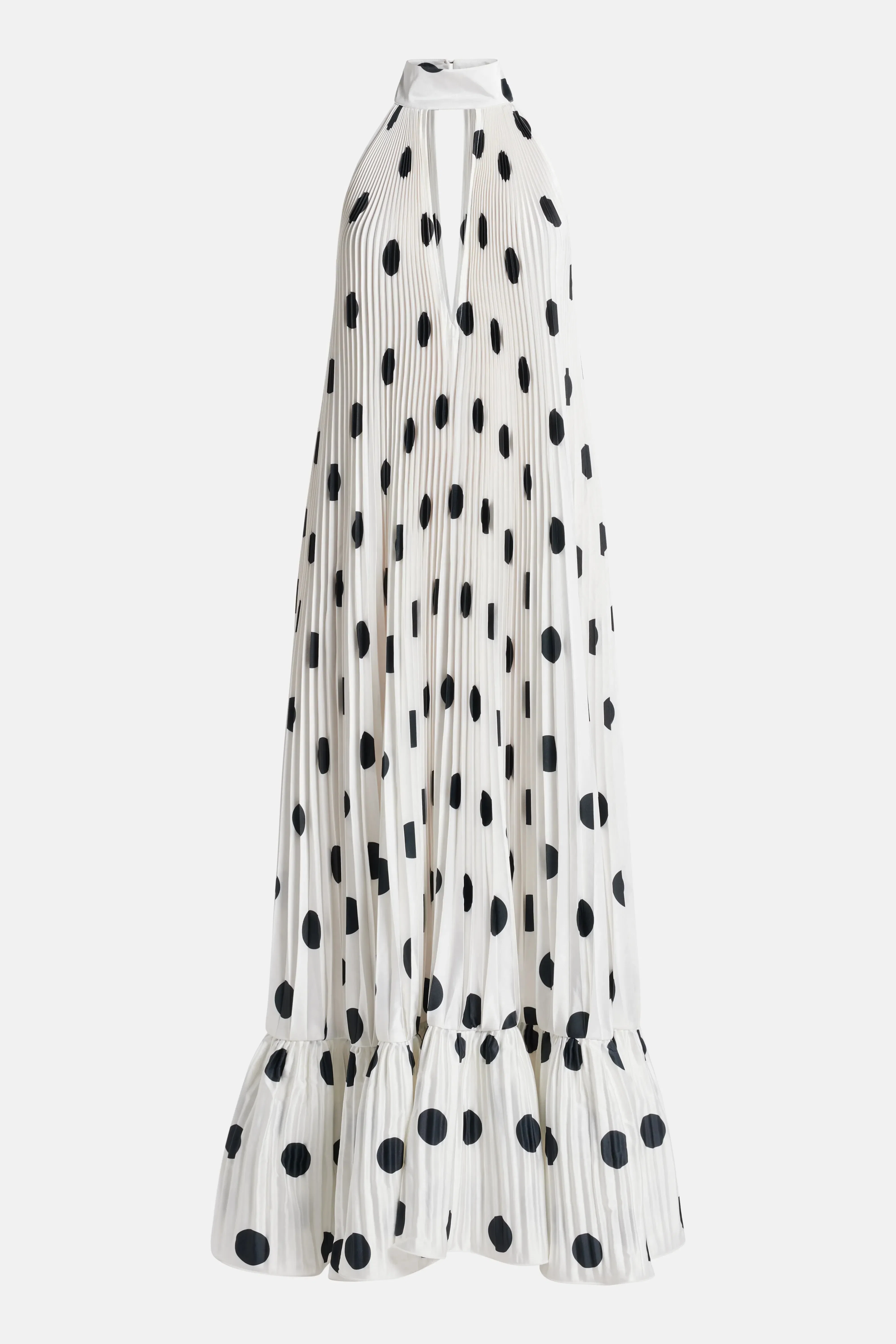 L'IDÉE Libertie Polka Dot Sleeveless Pleated Evening Dress in White